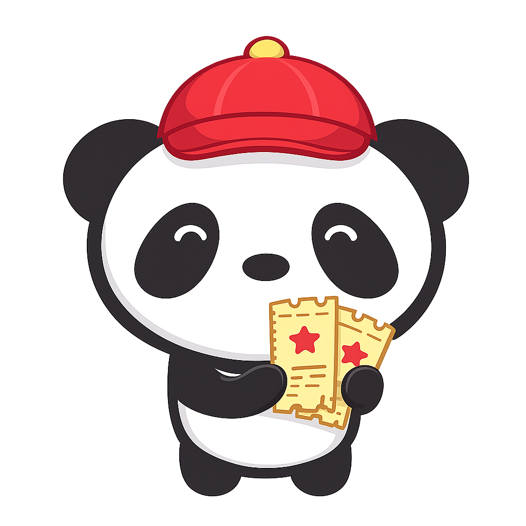 Panda with red hats and tickets