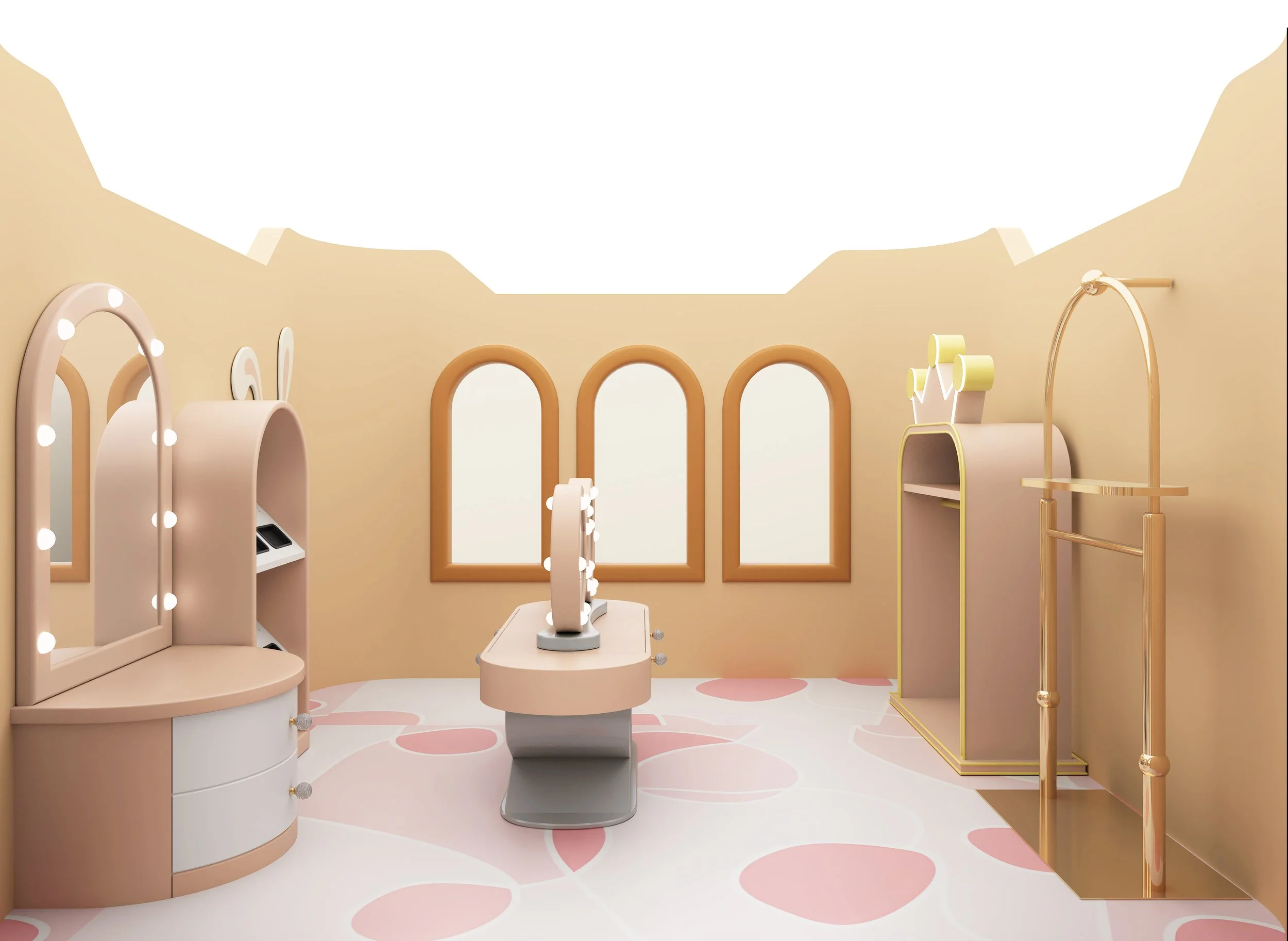 A children's dressing room with pink vanity tables, pink chairs, matching mirrors with round bulbs, and a clothing rack with costumes.