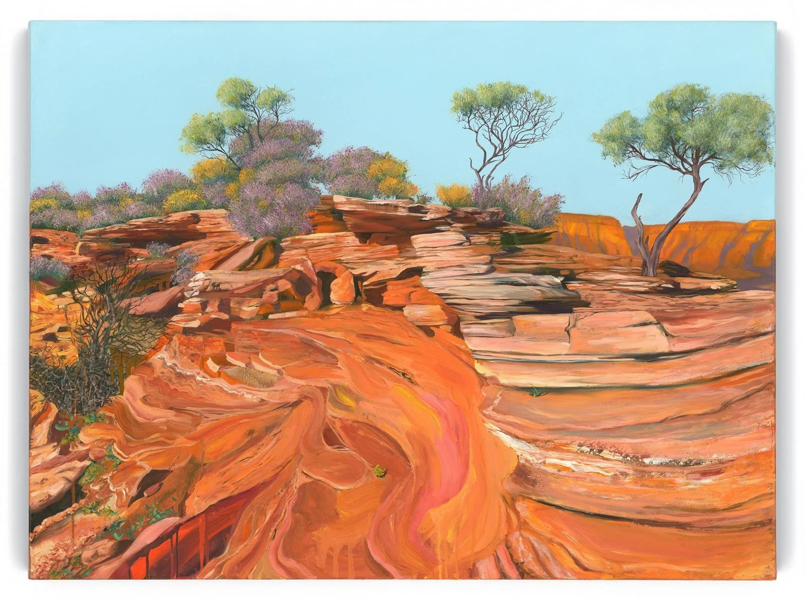 A landscape made with rich impasto, gestural brushstrokes. Whimsical trees contrast with the bold texture of the paint, while finely rendered clumps of foliage add subtle detail and depth. The strong contrasts in colour and texture create a compellin