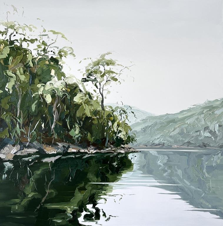 JULZ BERESFORD, A Stillness at the Water’s Edge, oil on canvas, 93 cm x 93 cm