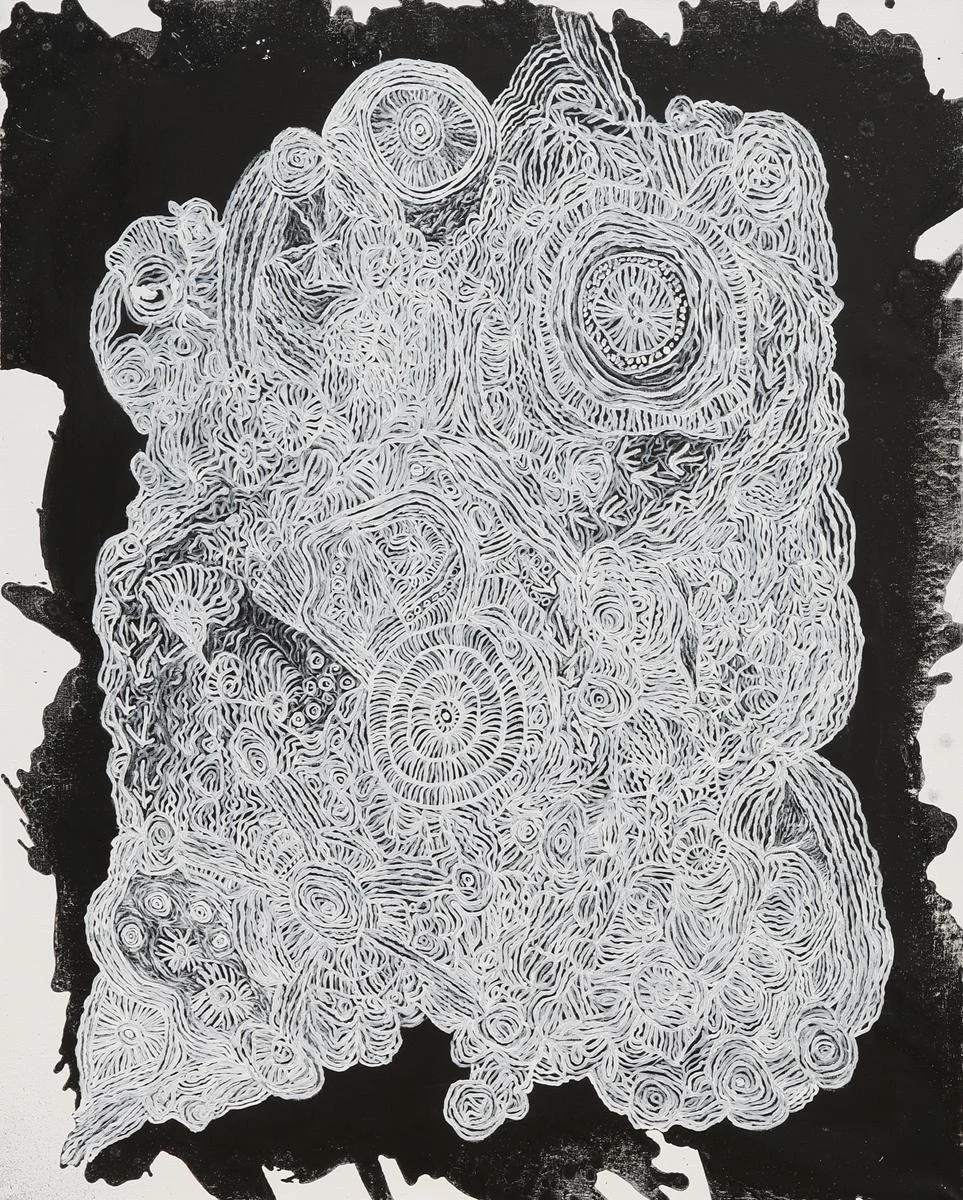 This is a masterful work with an ancient visual language that Betty Muffler has made her own. Muffler experienced Country decimated by an atomic bomb at Maralinga. She is a survivor and a healer, a Ngangkari. 