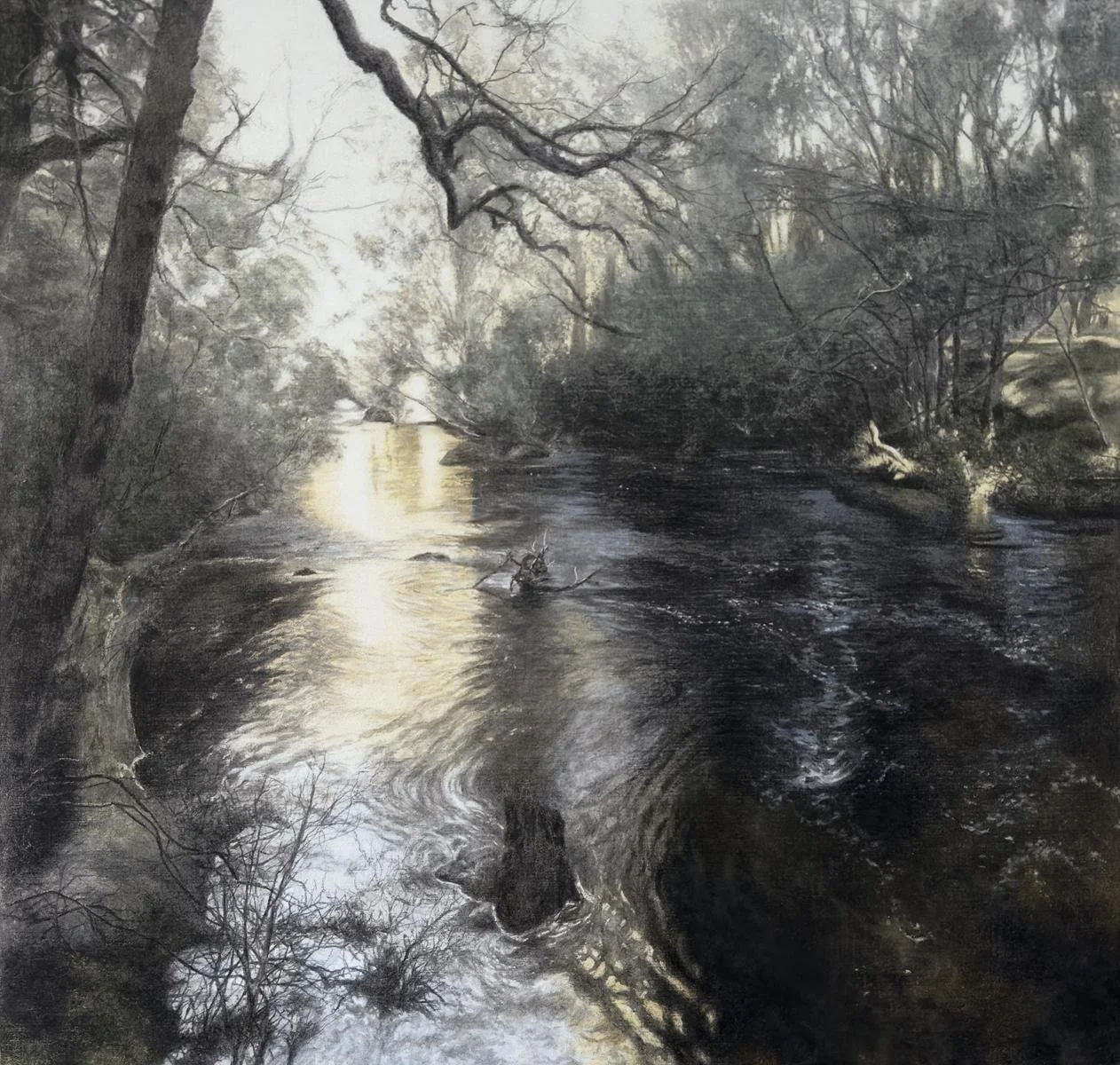 Melissa Kenihan, The Nature of Time and Place, charcoal, wax and oil on linen, 104× 109 cm 