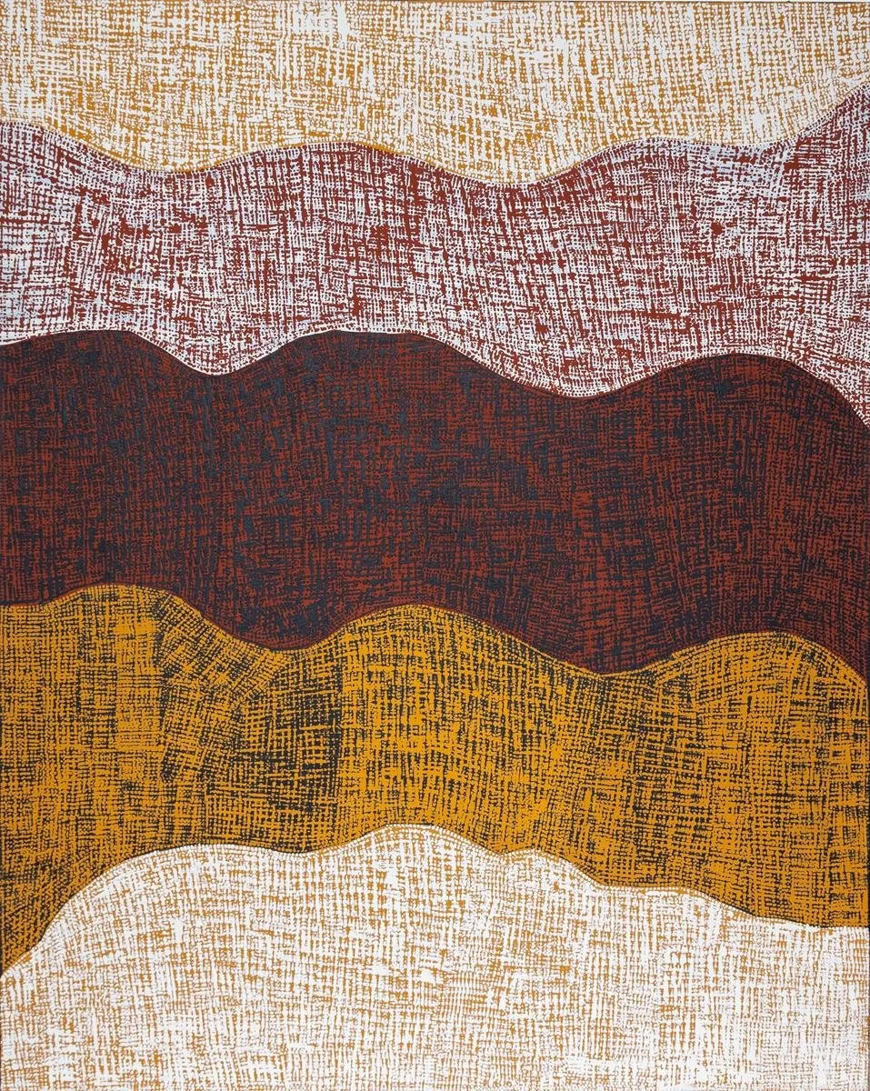 Michelle Pulatuwayu Woody Minnapinni, Ngiya Murrakupupuni (My Country), locally sourced earth pigments on linen, 150 × 120 cm 