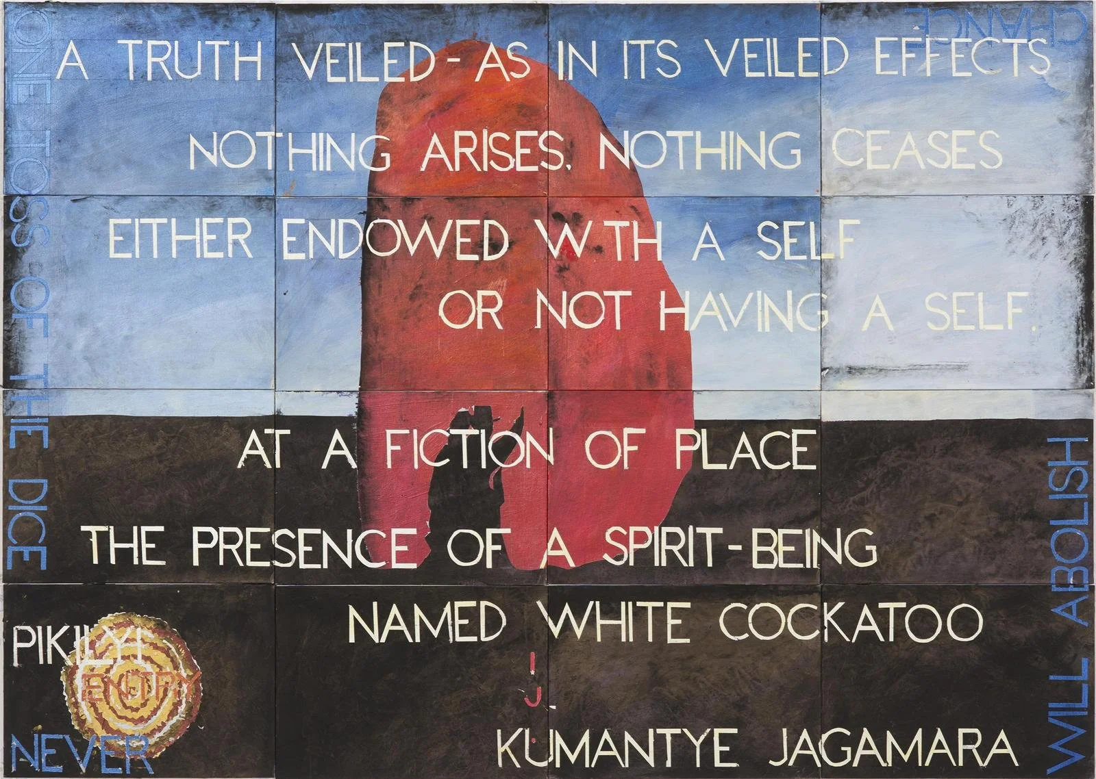 Imants Tillers, PIKILYI, synthetic polymer paint, gouache on 16 canvas board panels, 102 × 142 cm 