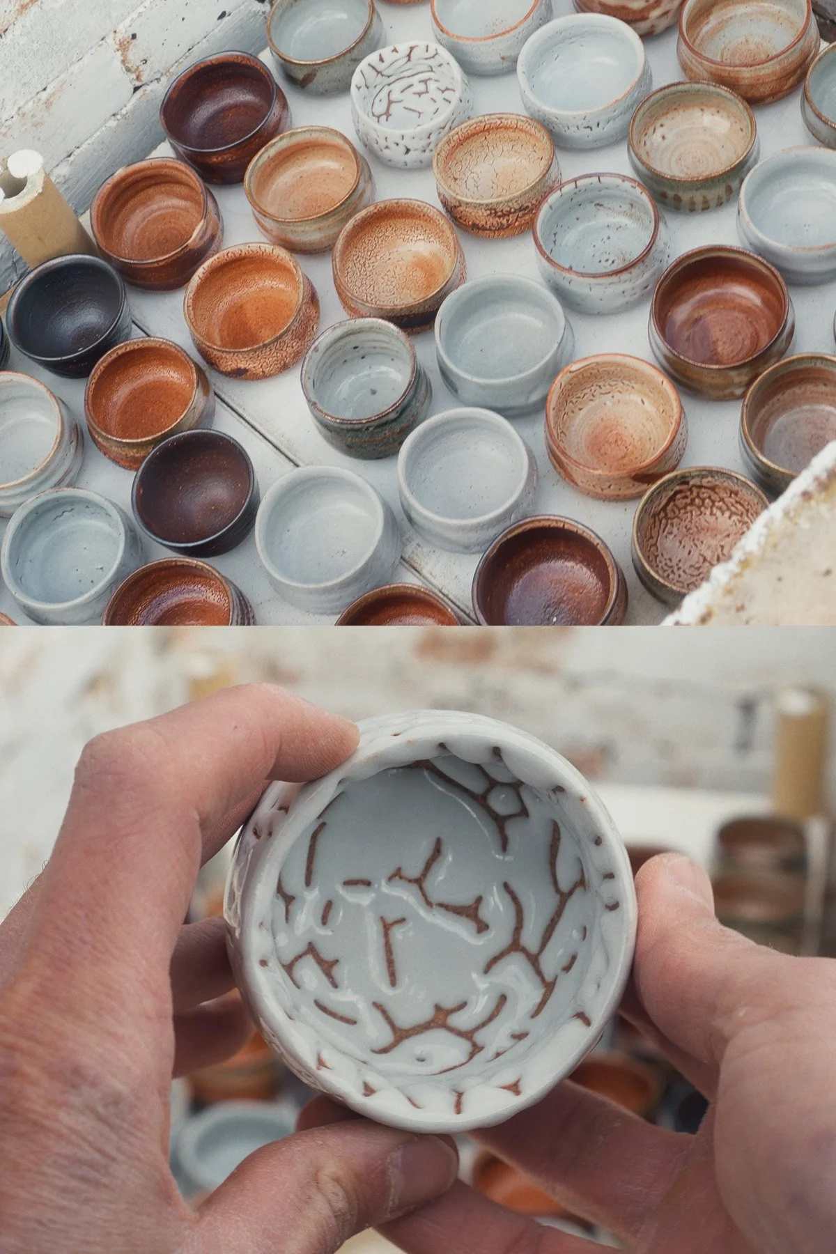 Small handmade sake cups with expressive Shino glaze surfaces shaped by fire and reduction firing.