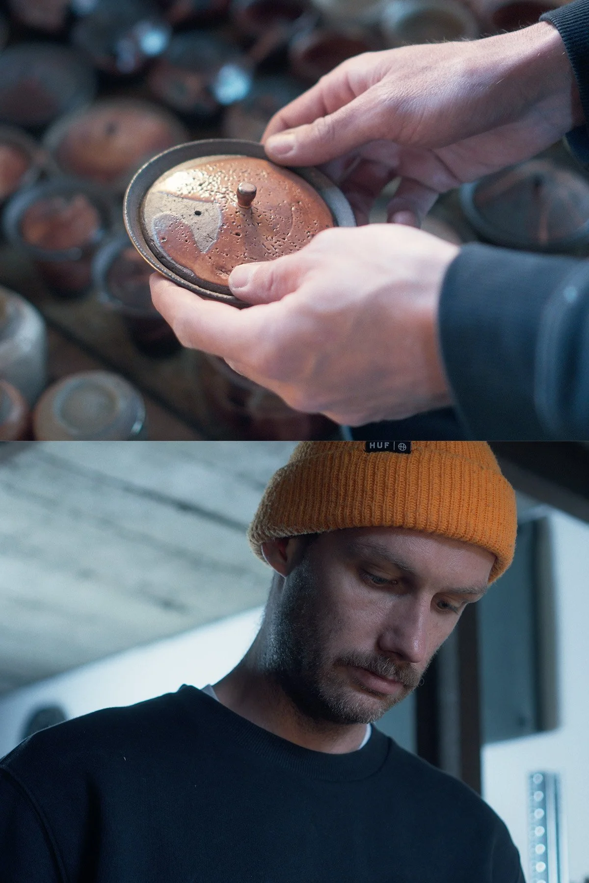 Selecting finished ceramic pieces after firing, testing and evaluating surfaces, forms and details.