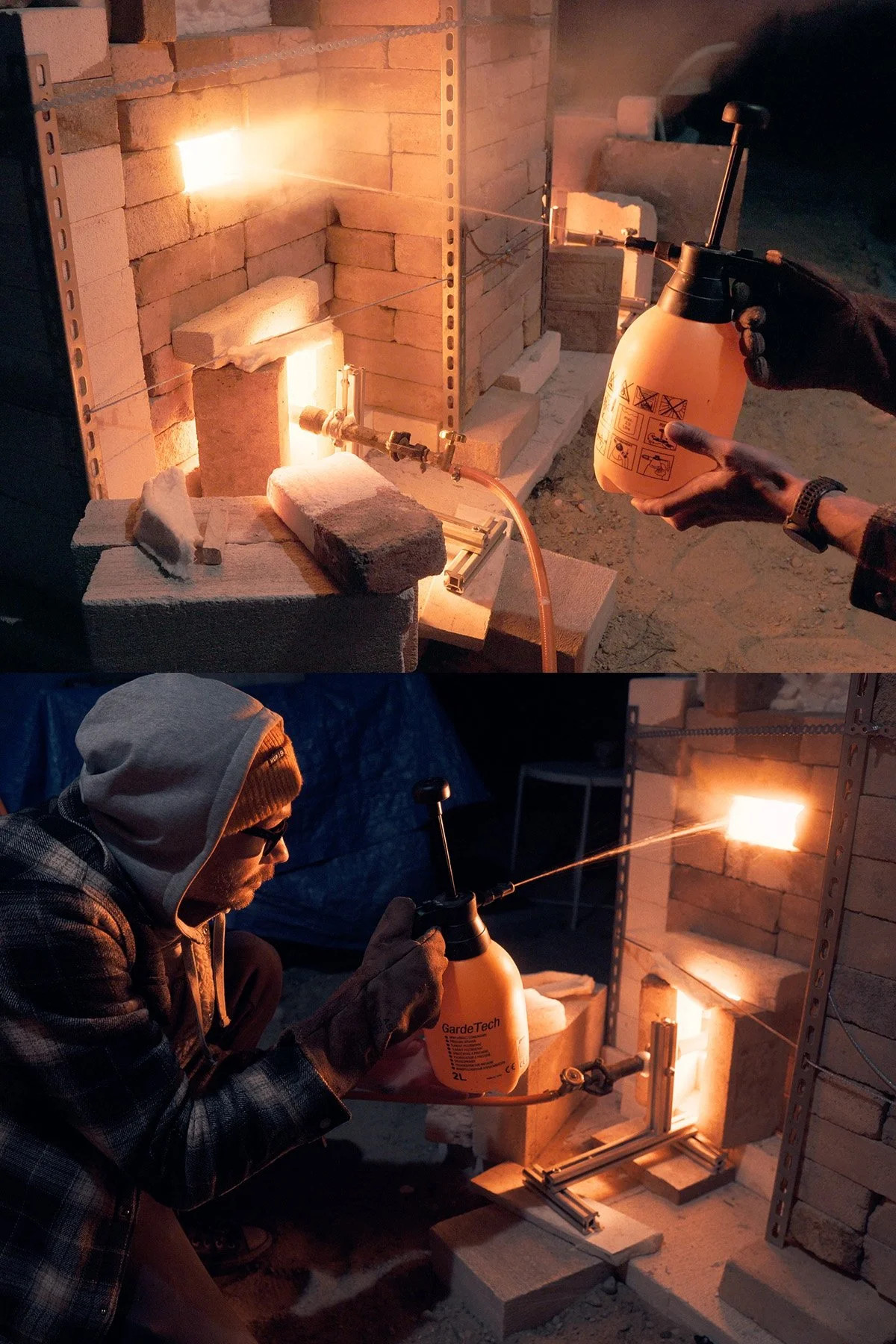 Soda firing process inside a gas kiln where flame, soda and atmosphere shape every ceramic surface differently.