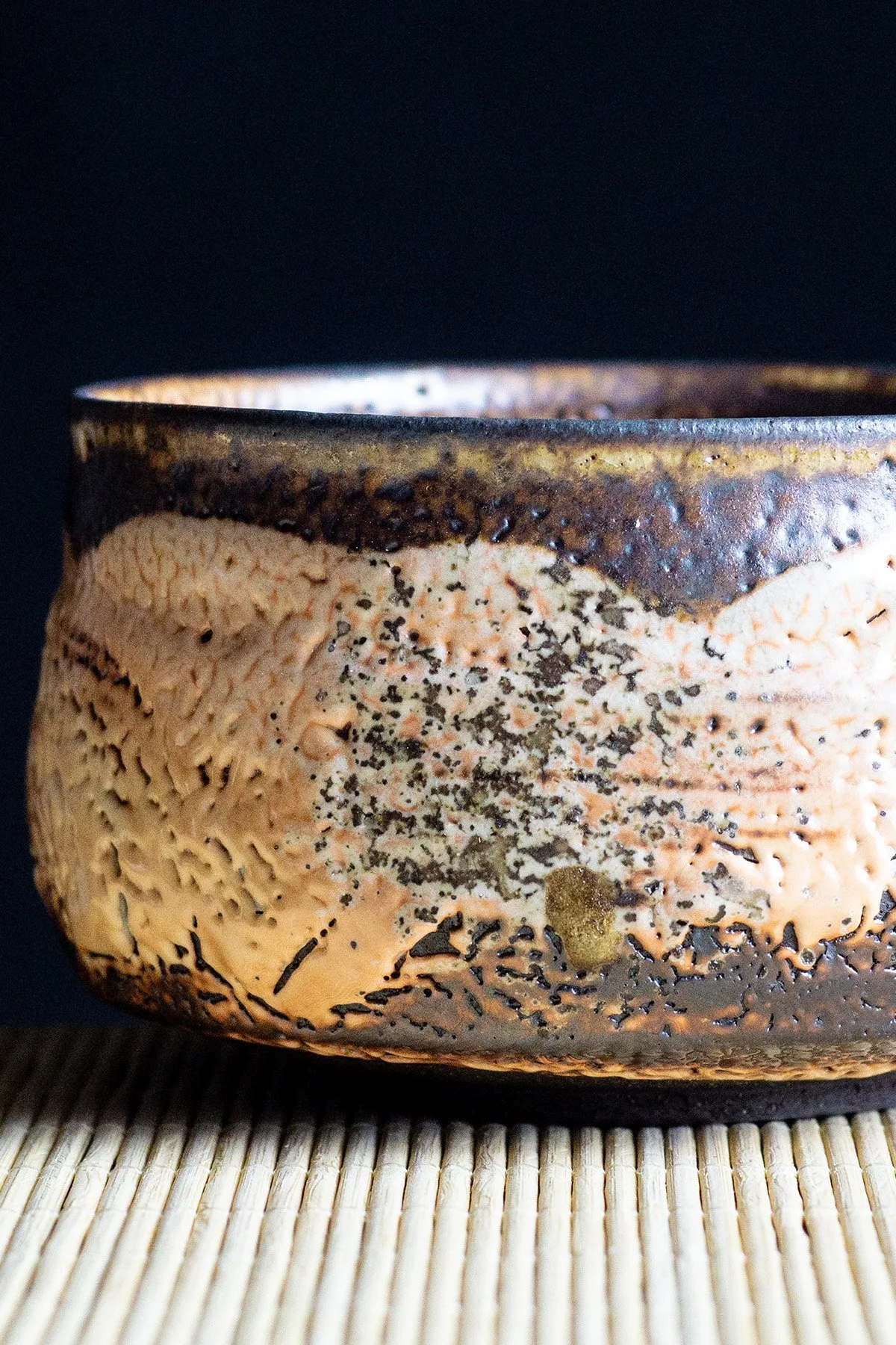 Detail of a woodfired matcha bowl with Shino
