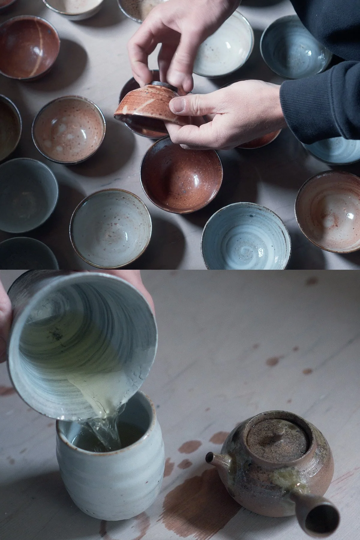 Selecting finished ceramic pieces after firing, testing and evaluating surfaces, forms and details.