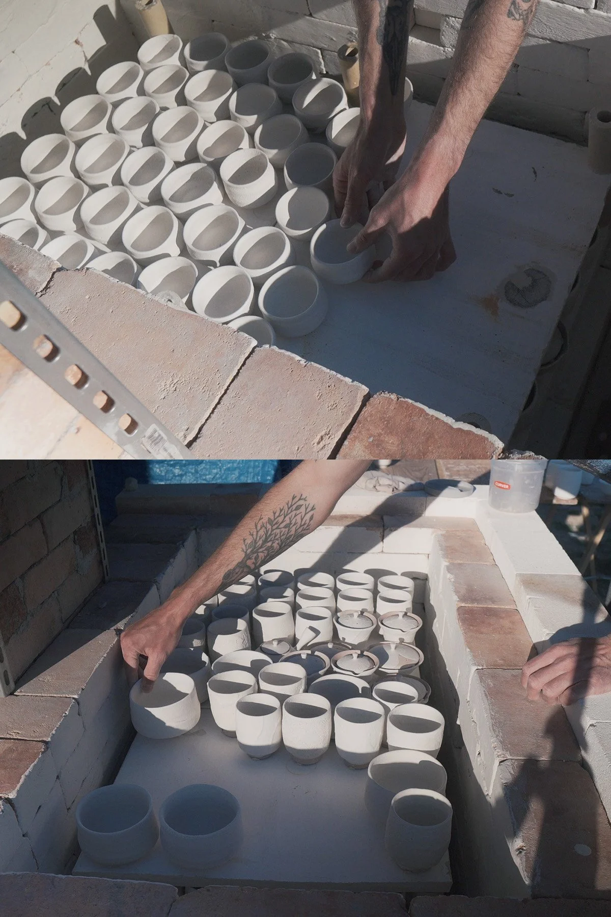 Loading handmade ceramics into the kiln before a long atmospheric soda firing process.