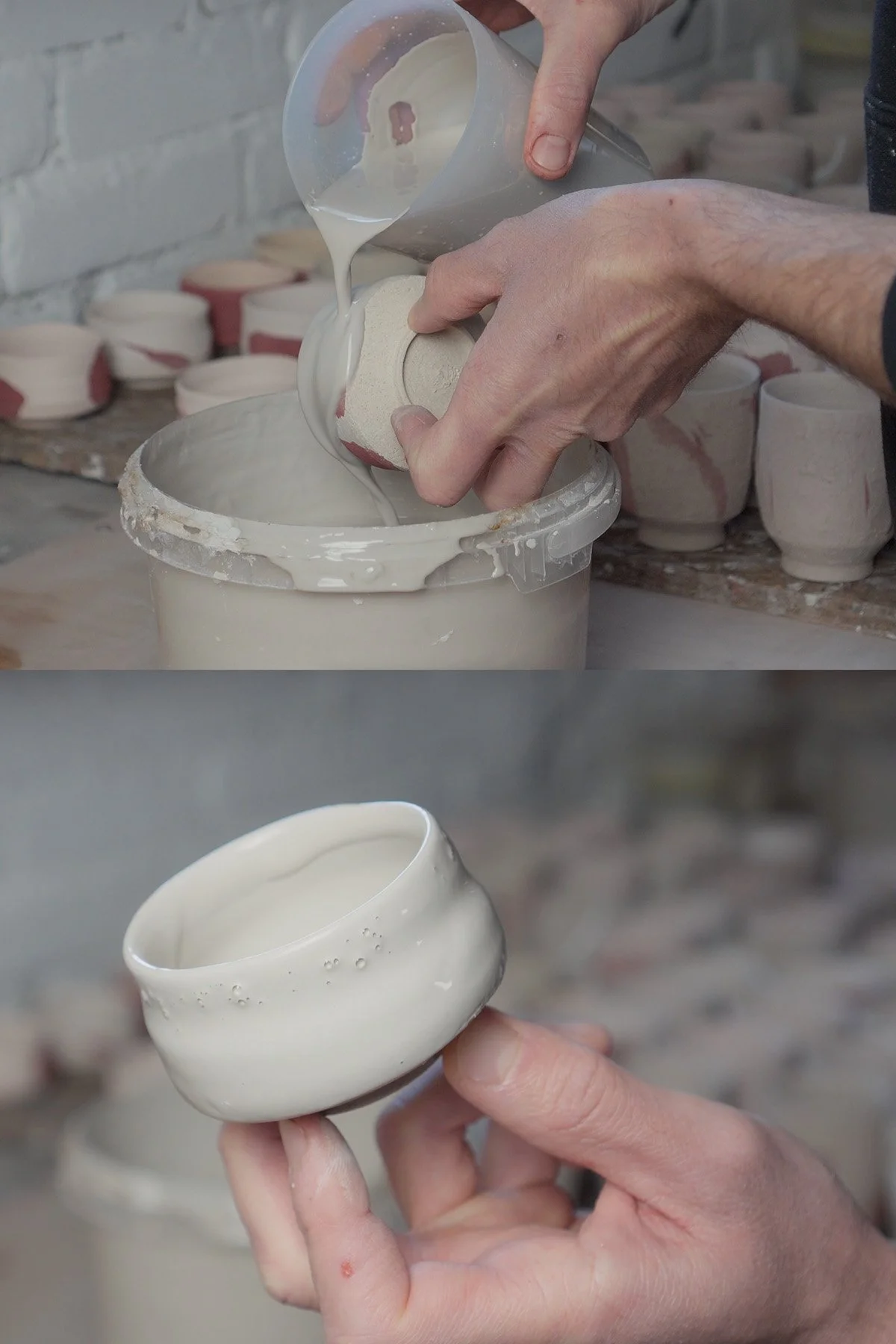 Applying Shino glaze by hand before firing in a soda and reduction atmosphere kiln.