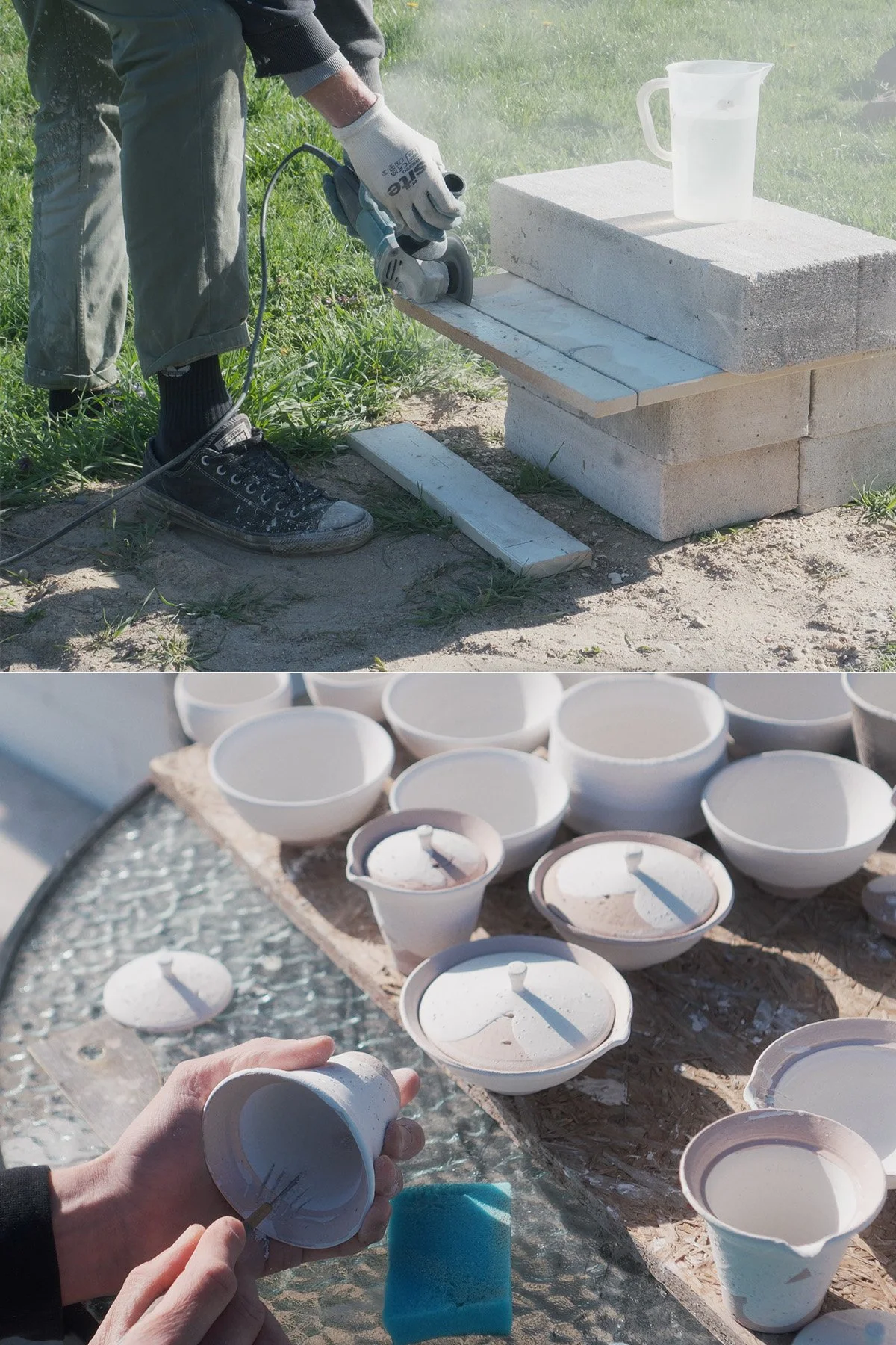 Loading handmade ceramics into the kiln before a long atmospheric soda firing process.