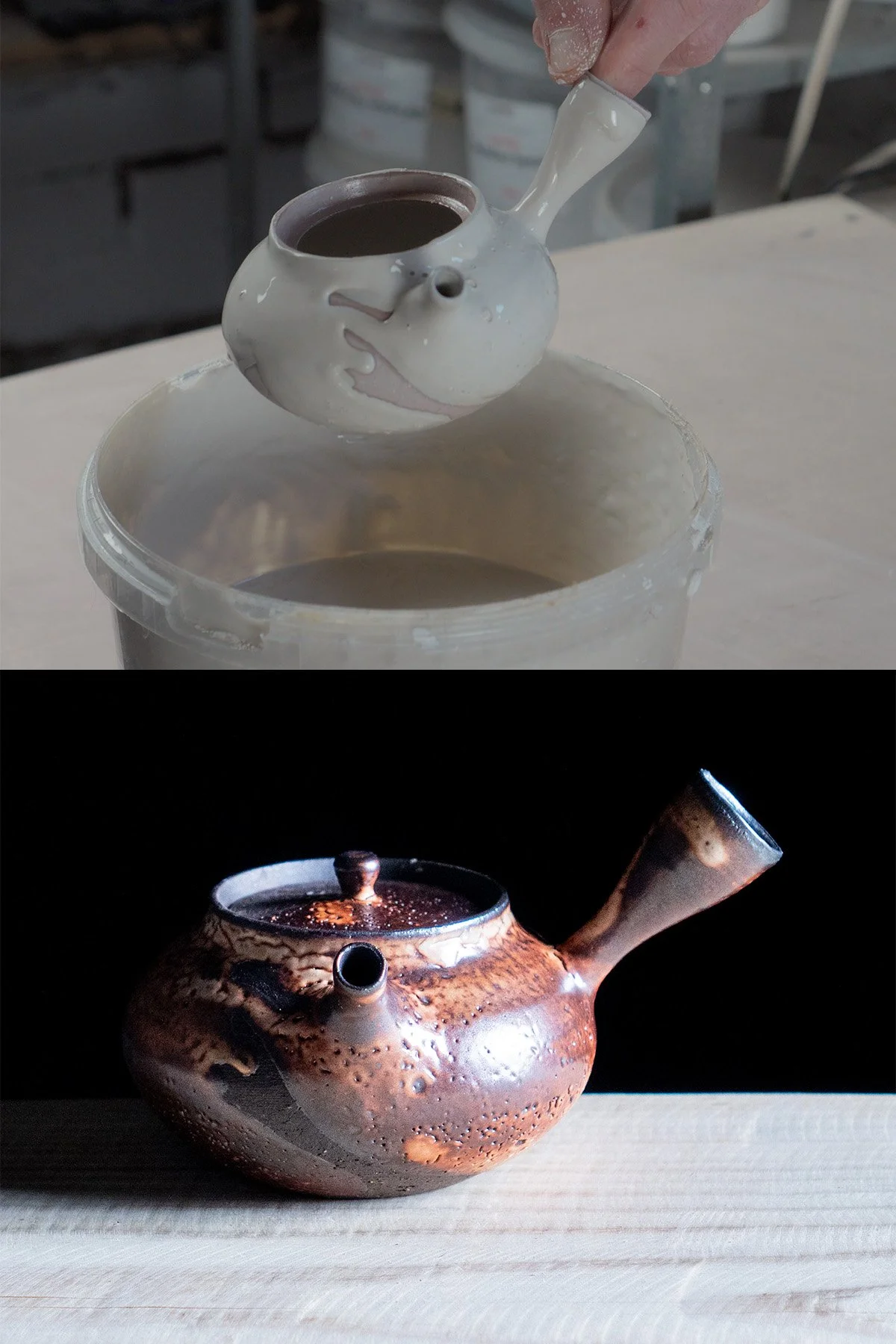 Applying Shino glaze by hand before firing in a soda and reduction atmosphere kiln.