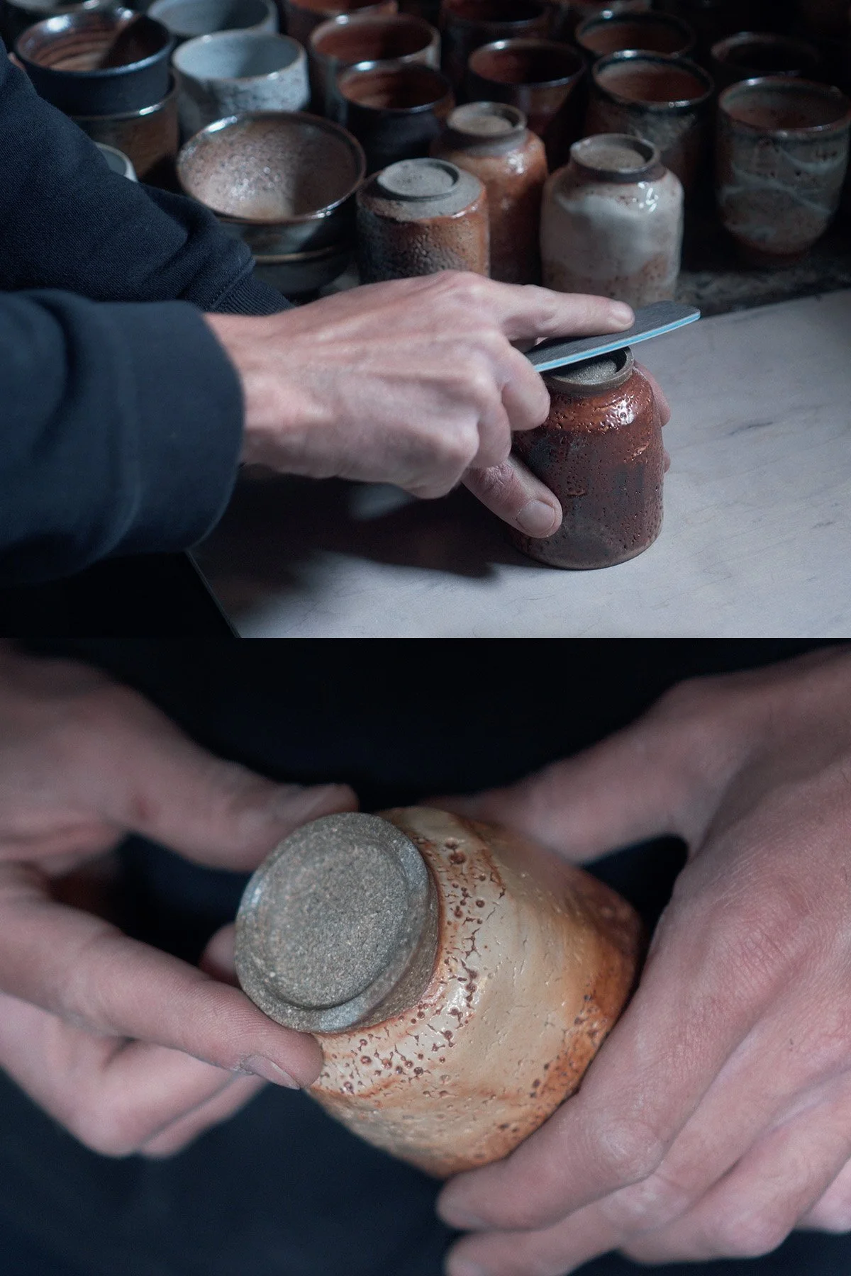 Selecting finished ceramic pieces after firing, testing and evaluating surfaces, forms and details.