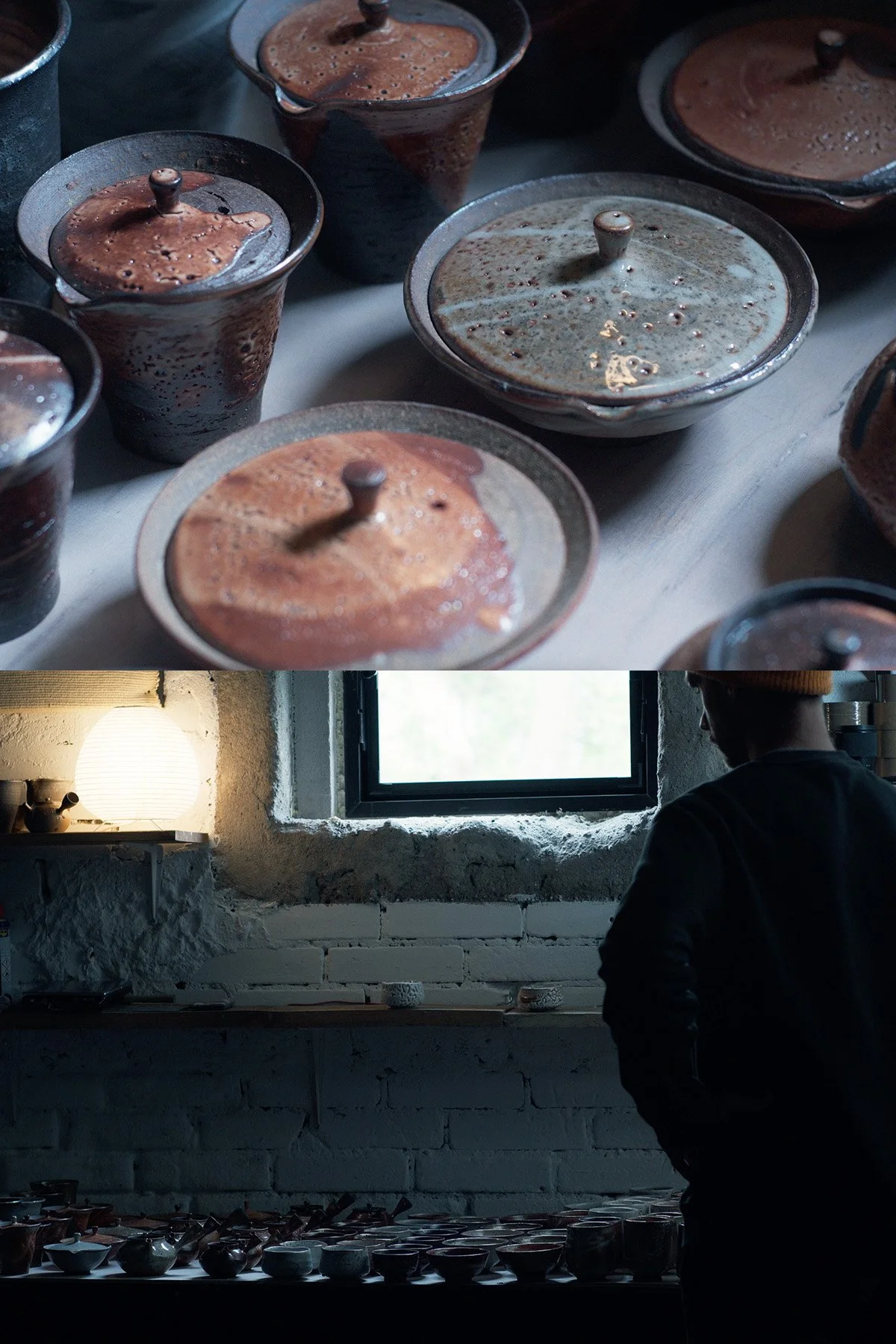 Selecting finished ceramic pieces after firing, testing and evaluating surfaces, forms and details.