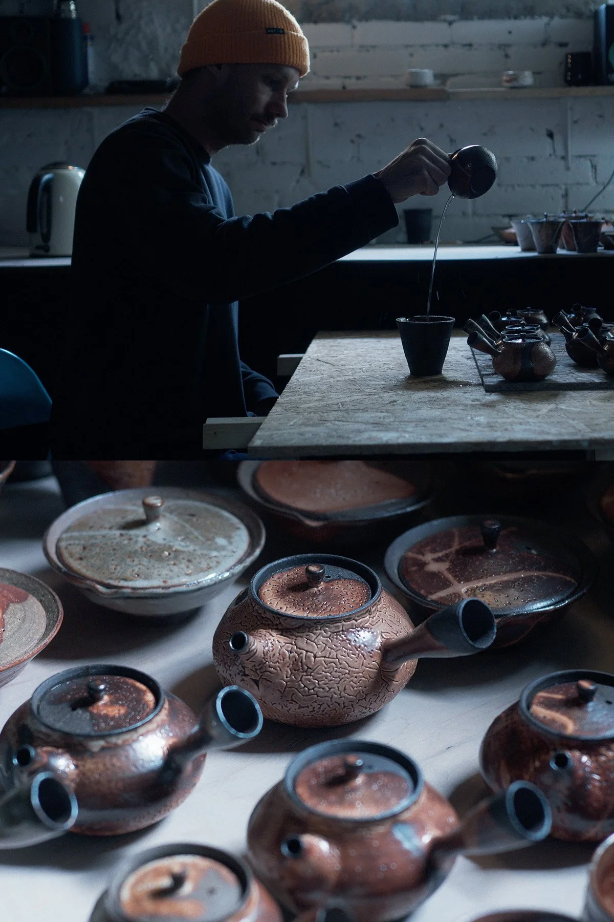 Selecting finished ceramic pieces after firing, testing and evaluating surfaces, forms and details.