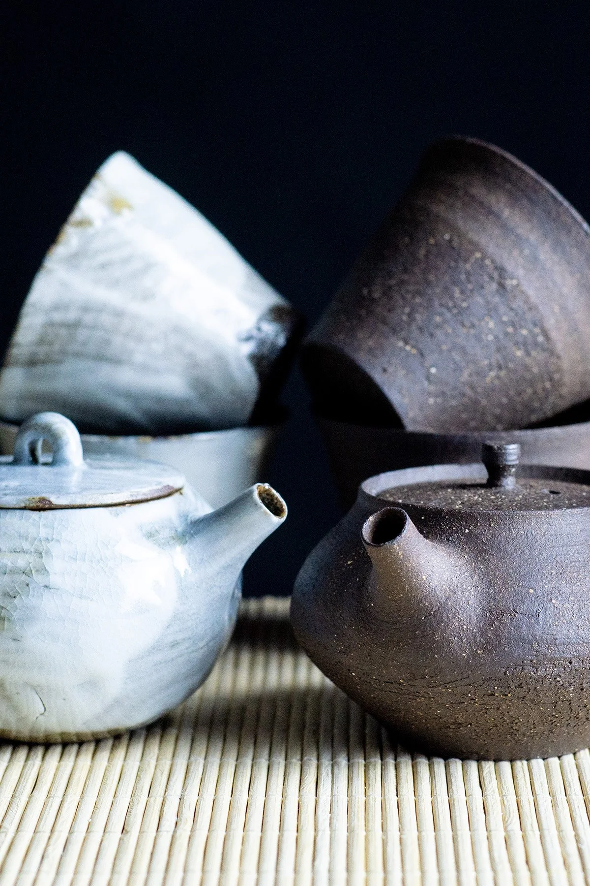 Wheelthrown matching teasets with Kyusu teapots and cups