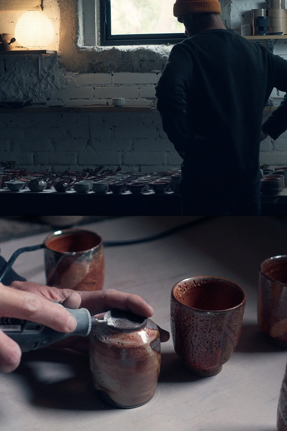 Selecting finished ceramic pieces after firing, testing and evaluating surfaces, forms and details.