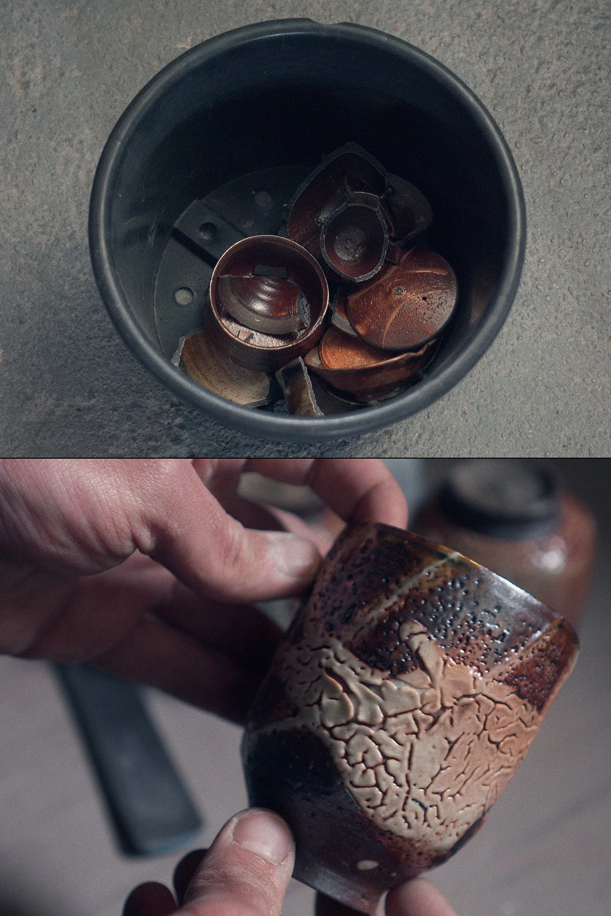 Selecting finished ceramic pieces after firing, testing and evaluating surfaces, forms and details.