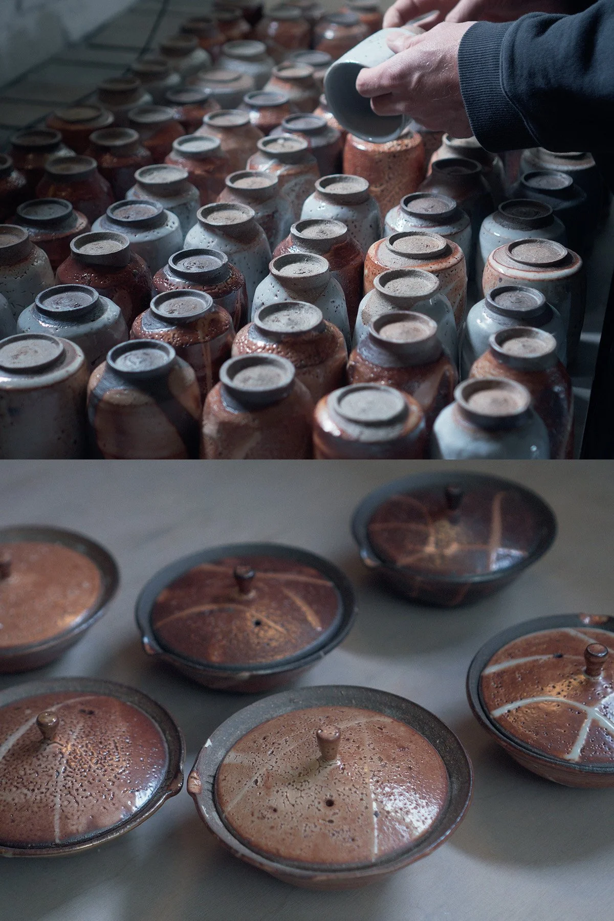 Selecting finished ceramic pieces after firing, testing and evaluating surfaces, forms and details.