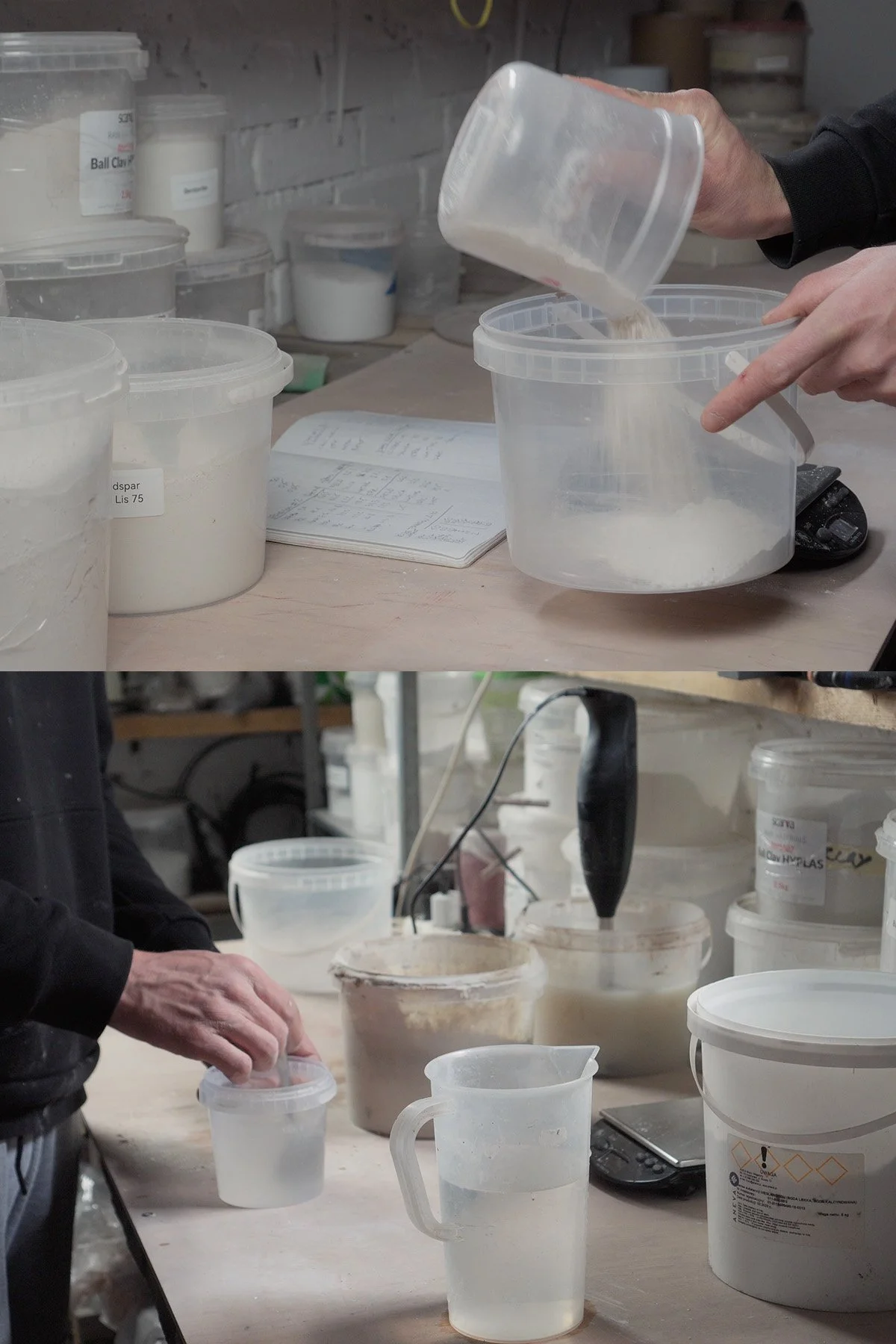 Applying Shino glaze by hand before firing in a soda and reduction atmosphere kiln.
