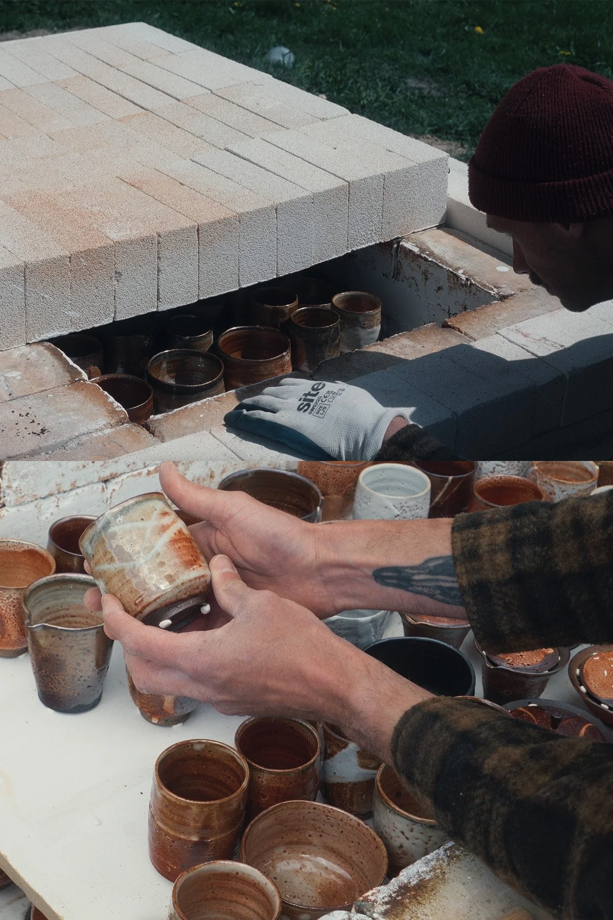 Unloading freshly fired ceramics from the kiln after a long reduction and soda firing.