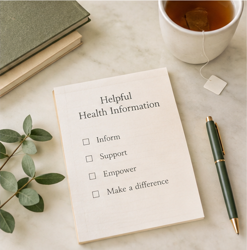 A notepad sits with "Helpful Health Information" sits on a countertop beside a cup of tea.
