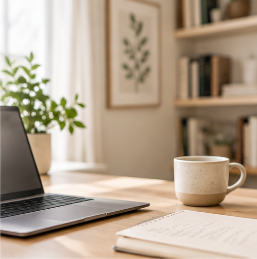 Sunlight pours into a home office. A laptop, cup of tea, and a notebook sit on an oak desk with a bookshelf in the background.