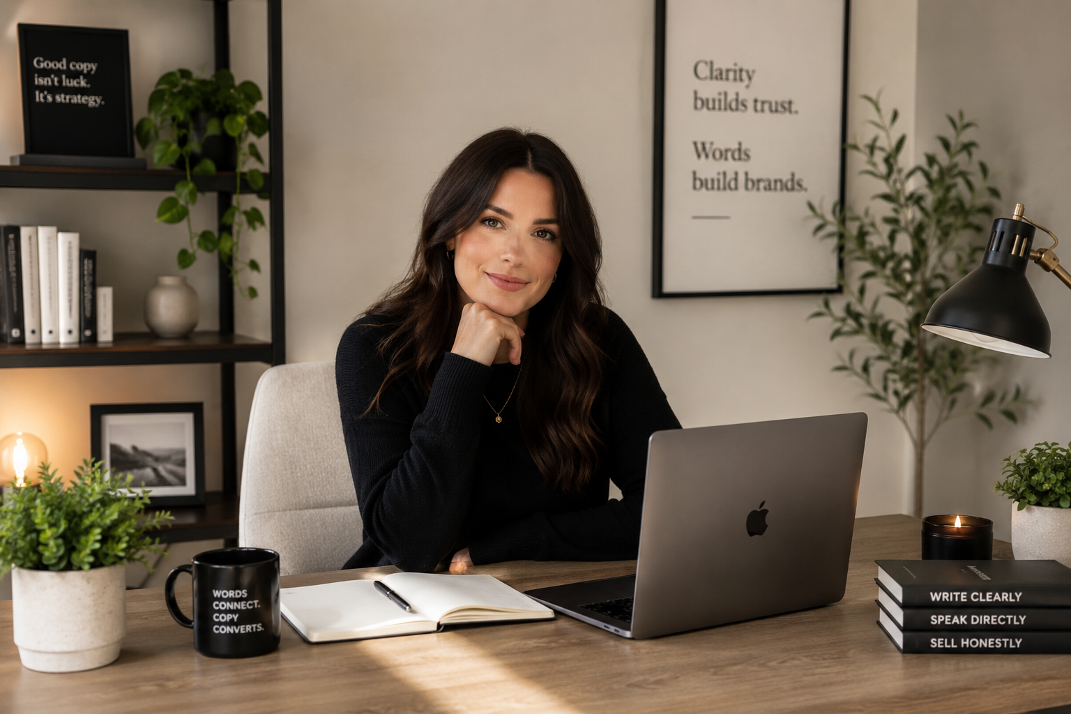 A woman sitting at a wooden desk with a laptop, notebook, and black mug with white text, in a modern office decorated with plants and framed posters.
