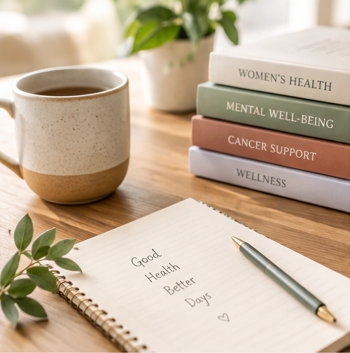 A notepad with the words "Good Health Better Days" sits on a wood table beside a stack of books and a cup of coffee.