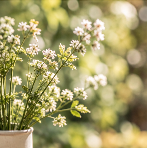 White wildflowers are displayed in a ceramic flower pot.