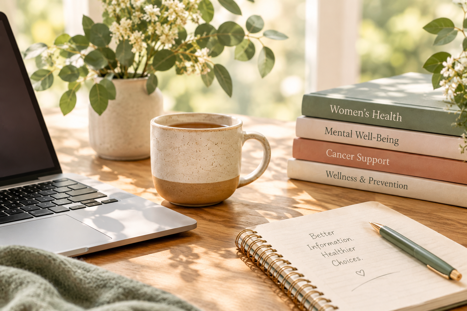 Wildflowers in a ceramic vase, a cup of coffee, a laptop, a notebook, and books sit on top of a sunlit desk. The notepad has the words "Better information, healthier choices" written on it.