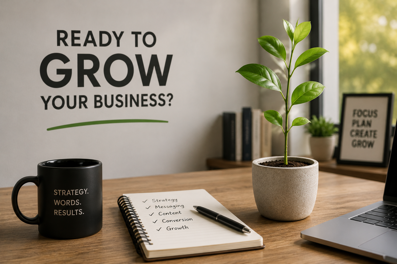 A workspace with a potted plant, a laptop, a black mug with the words 'Strategy. Words. Results.', a notebook with checkmarks next to 'Strategy', 'Messaging', 'Content', 'Conversion', 'Growth', a pen, and framed quotes on the wall and desk about business growth and planning.