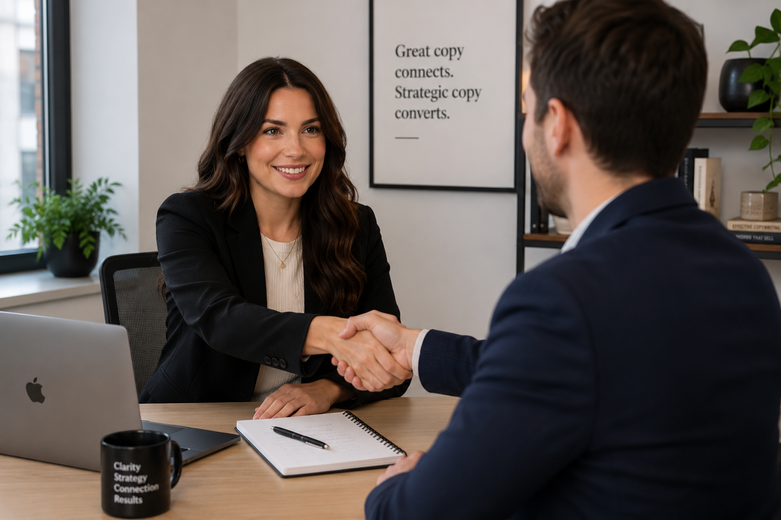 A woman and a man shake hands during a business meeting in an office. The woman has long brown hair and is smiling, wearing a black blazer. The man has short brown hair and is wearing a dark suit. On the desk are a laptop, a notebook with a pen, and a black mug with white text. The background includes a window with a plant and a framed poster on the wall that says 'Great copy connects. Strategic copy converts.'