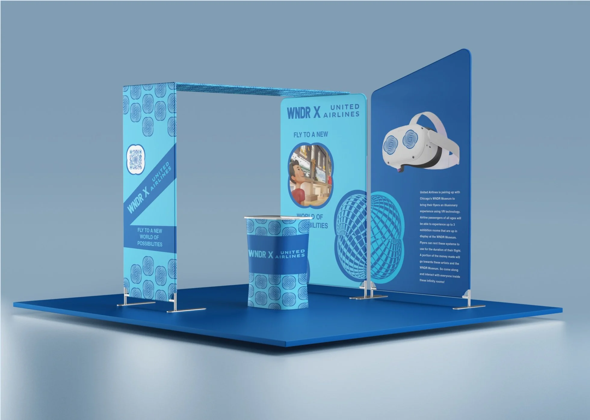 A booth setup to promote the in flight experience to people who might be curious or unknowing of how this technology would work. This setup would be displayed strategically in United Airlines airport terminals.