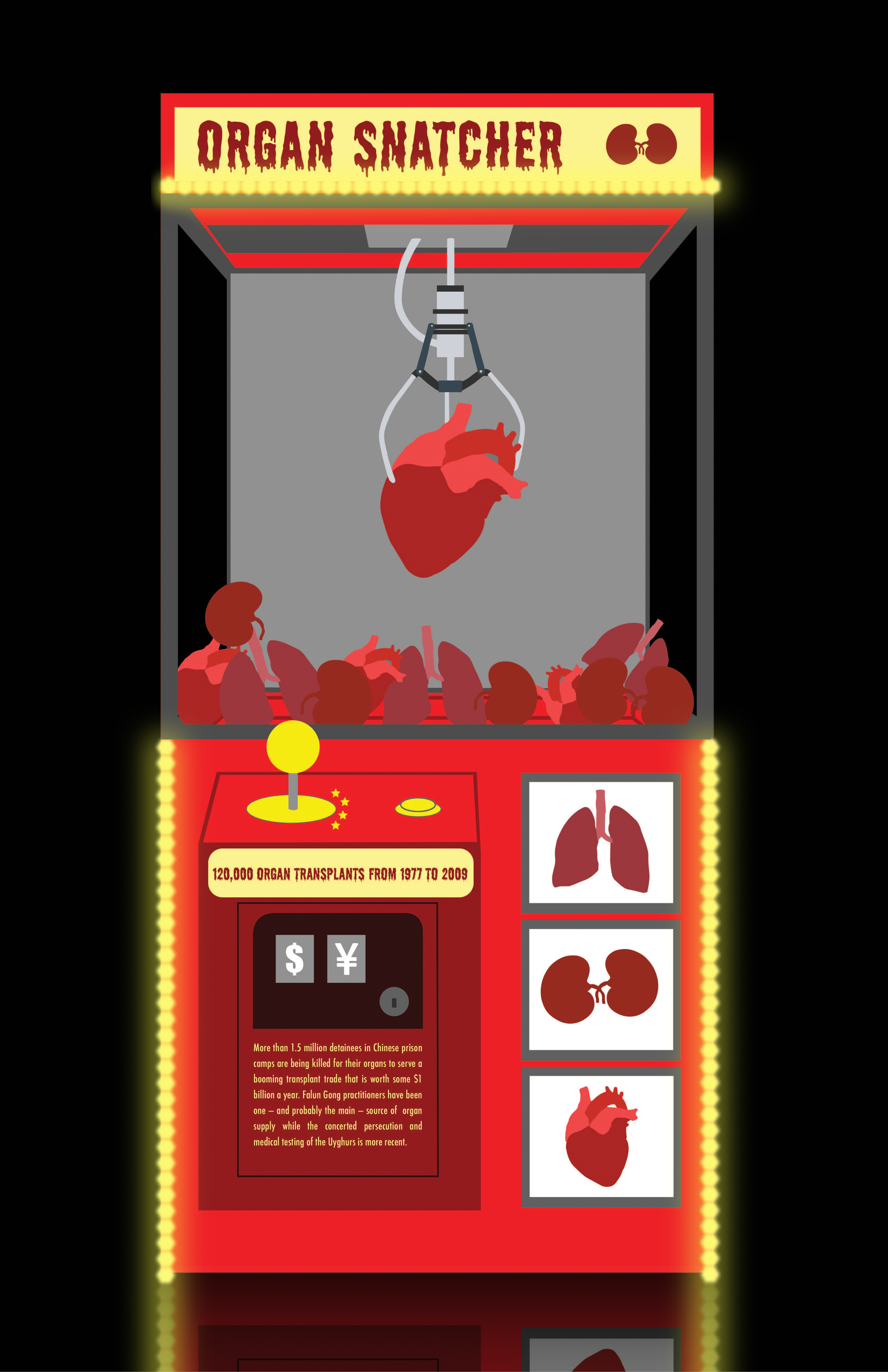 This advertisement is made to represent the dangers of China’s illegal organ trading. For such a heavy topic, the infographic needed to be something appropriate while also getting the message across. I played into the fact that many people who receiv