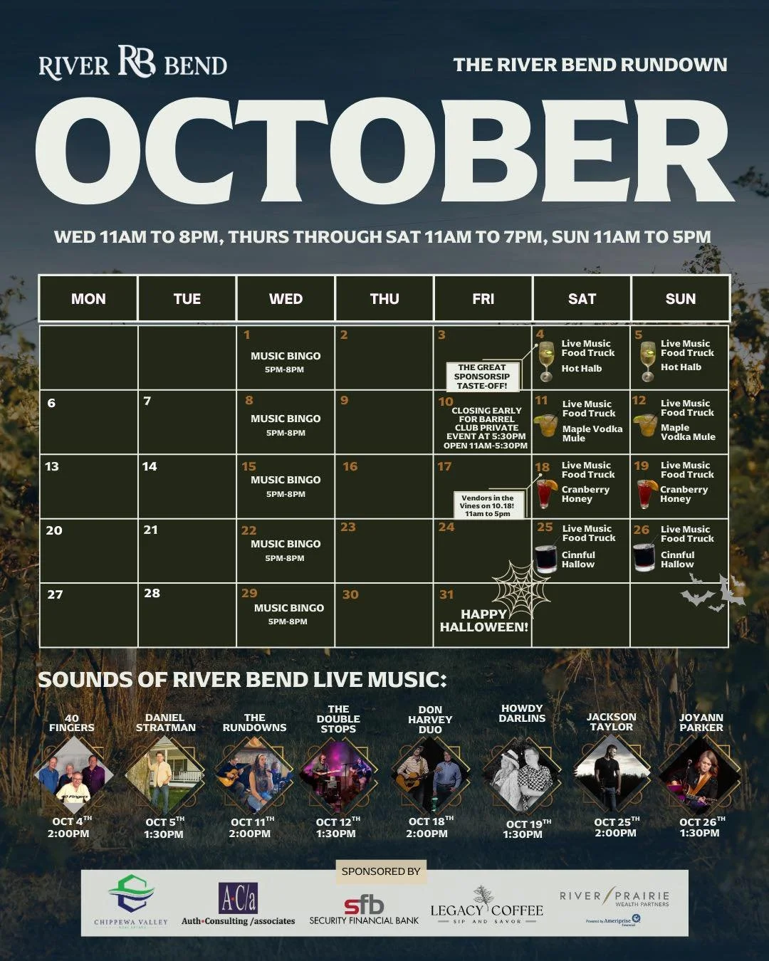 October at River Bend is packed with flavor, music, and memories waiting to be made. 🍂 From our Autumn Spirits cocktails, Vendors in the Vines, and the SponsorSIP Taste-Off, to live music every weekend &hellip; there&rsquo;s no better time to gather