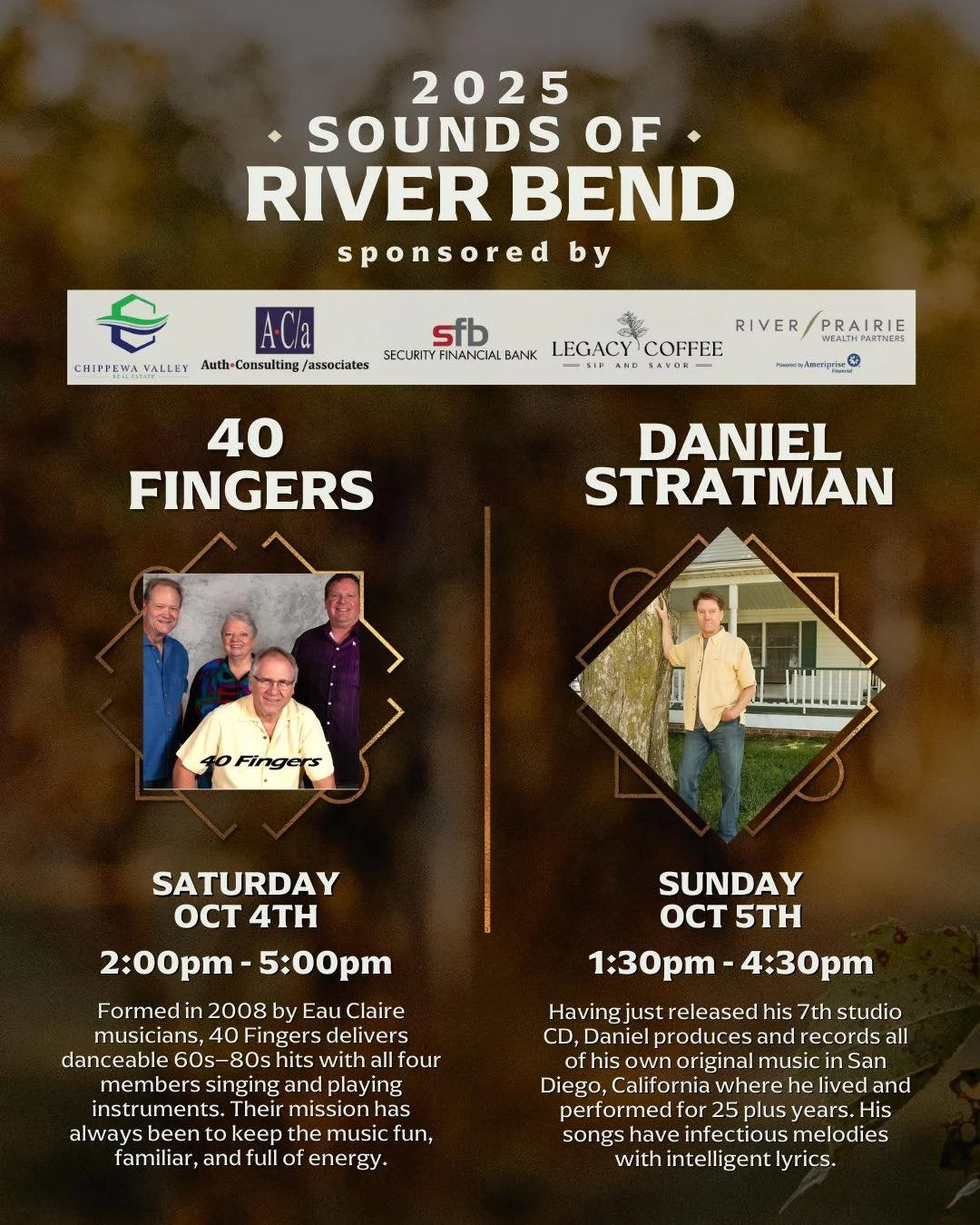 The music doesn&rsquo;t stop when the leaves begin to fall. 🍁 Kick off October with two unforgettable performances:

🎶 Saturday: 40 Fingers brings 60s&ndash;80s classics to the vineyard lawn.
🎶 Sunday: Daniel Stratman returns with original songs f