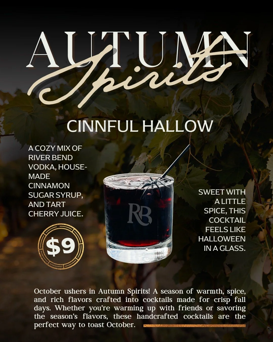 Stop in for a taste of fall with our Cinnful Hallow cocktail. 🍒 A little sweet, a little spice, and all the cozy October flavor you need. Available this Saturday (10/25) through Halloween!

We&rsquo;re still open our regular October hours:
Wed | 11A