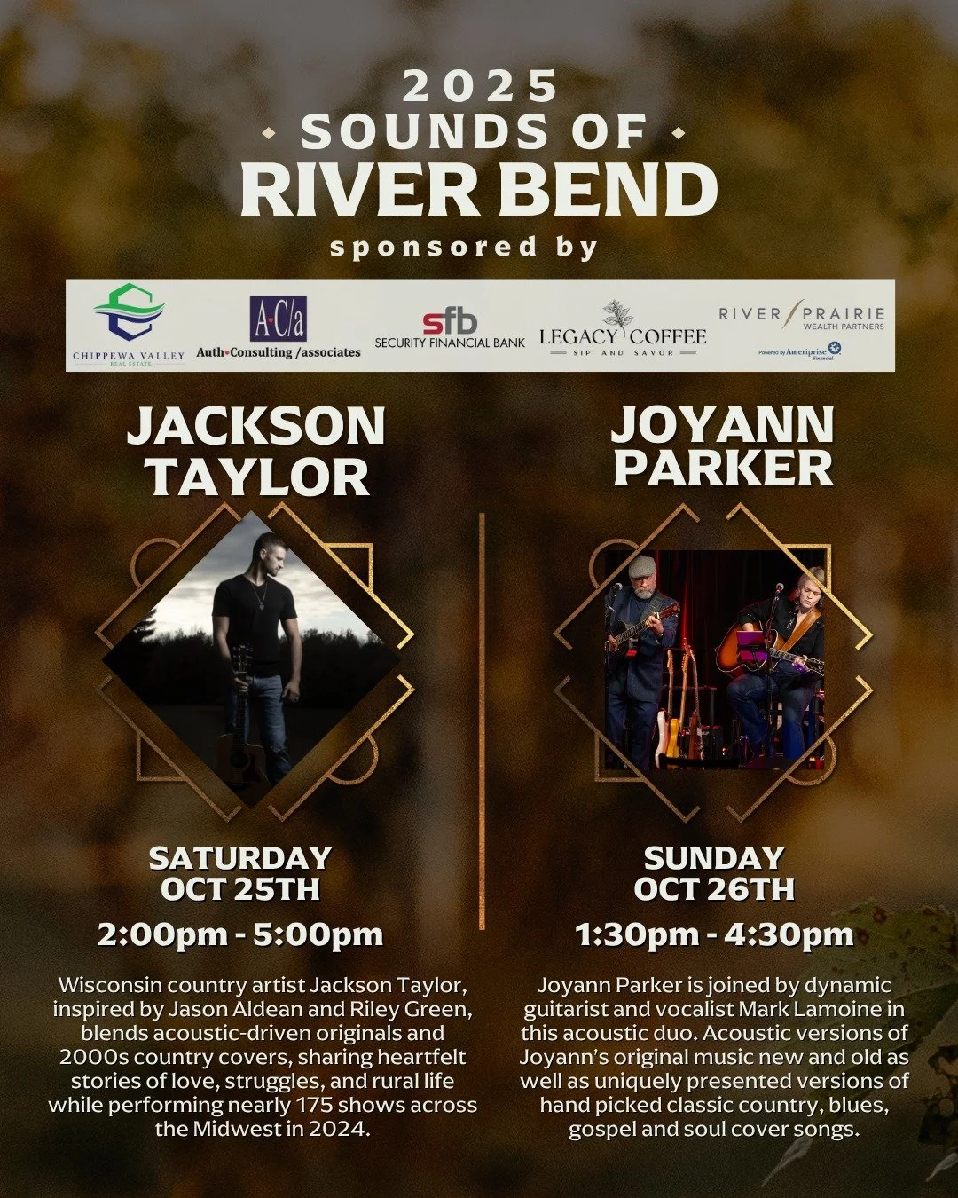 Join us for a weekend of live music at River Bend! This is the last double music weekend for a while...but don't worry! Starting in November, we'll have live music EVERY Saturday and some Fridays!🍷

Saturday, Oct. 25 | 2&ndash;5 PM 🎸 Jackson Taylor