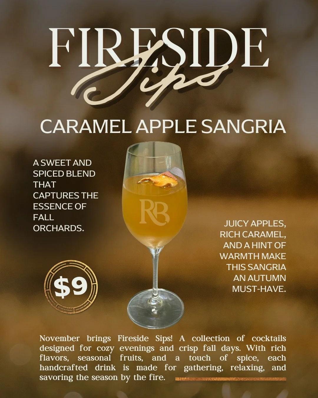 November brings Fireside Sips 🔥 Try our Caramel Apple Sangria this Saturday (11/1) and Sunday (11/2) 🍎

📅 Come visit us all winter long! November &amp; December Hours:
Wed | 4:30&ndash;8 PM (Music Bingo at 6 PM)
Fri | 4:30&ndash;8 PM
Sat | 11 AM&n