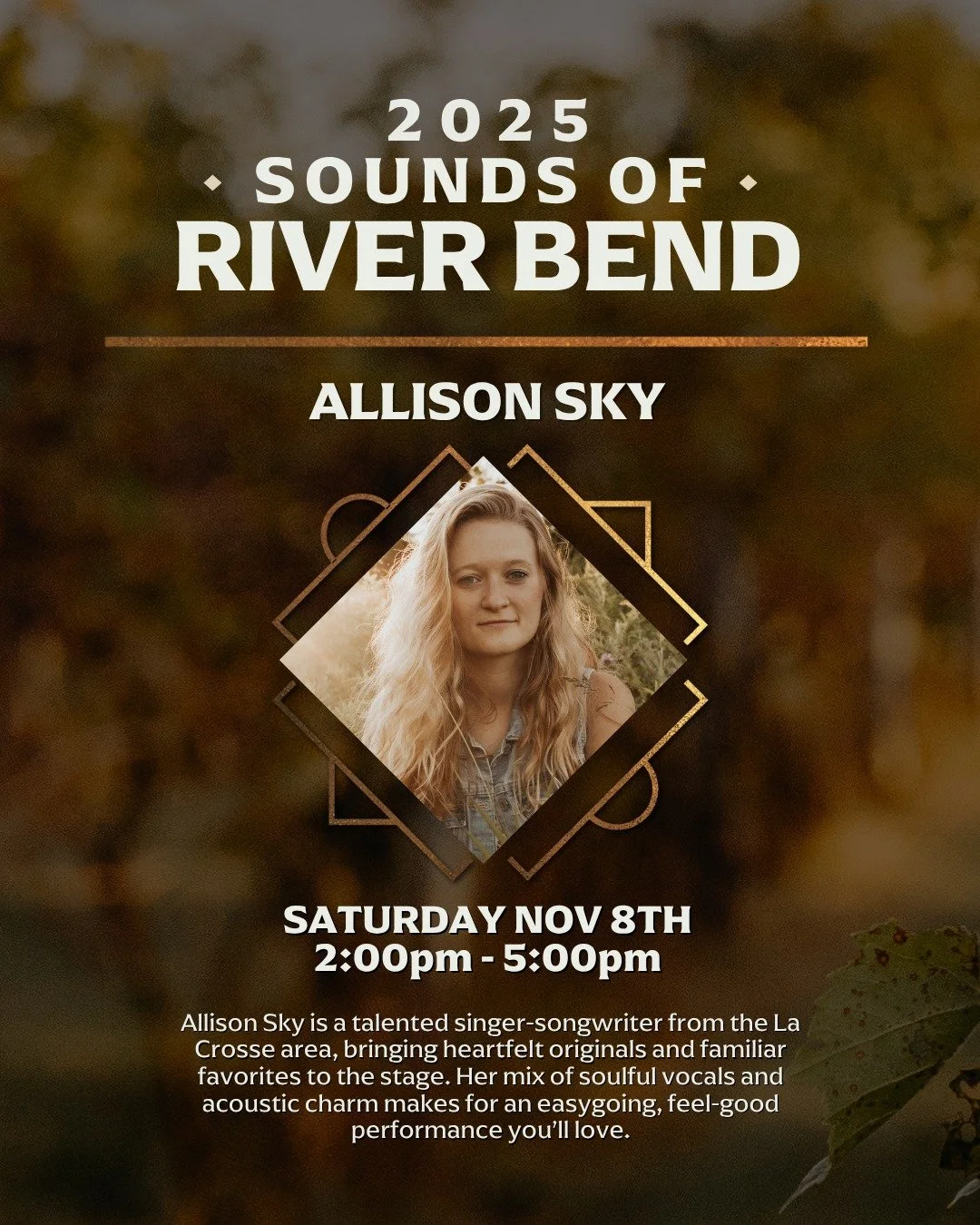 The Sounds of River Bend: Winter Edition! 🍷 Stay warm, sip something delicious, and enjoy live music from Allison Sky this Saturday, 2&ndash;5 PM in the tasting room. And remember: we&rsquo;ve got live music every Saturday all winter long.