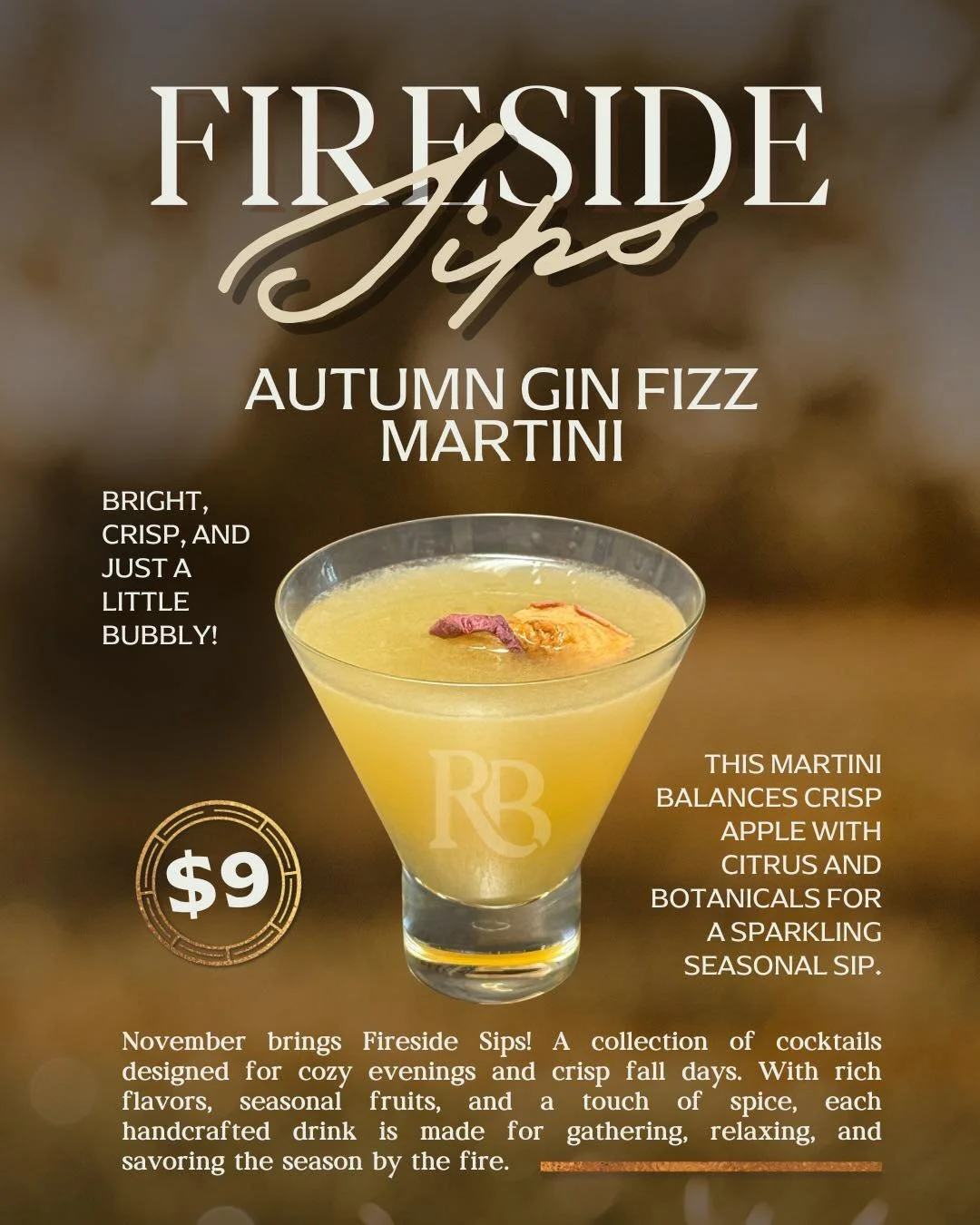Come try our featured Friday&ndash;Sunday Fireside Sip! 🔥🍸Our Autumn Gin Fizz Martini is bright, crisp, and just a little bubbly. It's a handcrafted blend of fresh apple, citrus, and botanicals that delivers the perfect seasonal sparkle.
