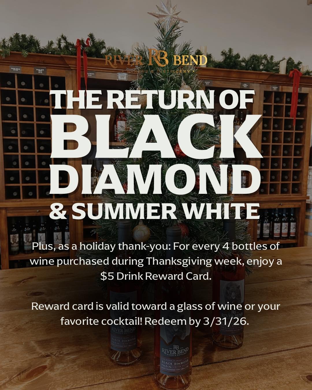 We&rsquo;re feeling extra thankful for this amazing community. 🖤💎 Surprise! Black Diamond and Summer White are back while supplies last! 

All Thanksgiving week: Buy any 4 bottles of wine and receive a $5 Drink Reward Card to use on a glass of wine