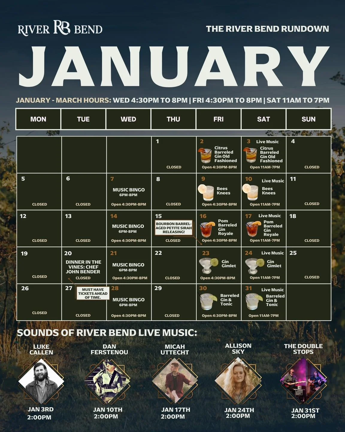 Happy New Year! 🎉 January is LOOKING GOOD at River Bend. From January Gin Classics and the release of our new Barreled Gin to live music, Music Bingo, and cozy winter nights, we&rsquo;ve got a full month ahead!

Save this rundown and make your Janua