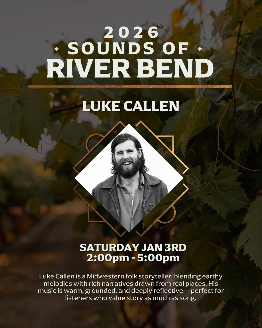 Live music is back at River Bend this Saturday 🎶🍷 Join us for an afternoon with Luke Callen, bringing heartfelt folk storytelling and rich melodies to the tasting room.