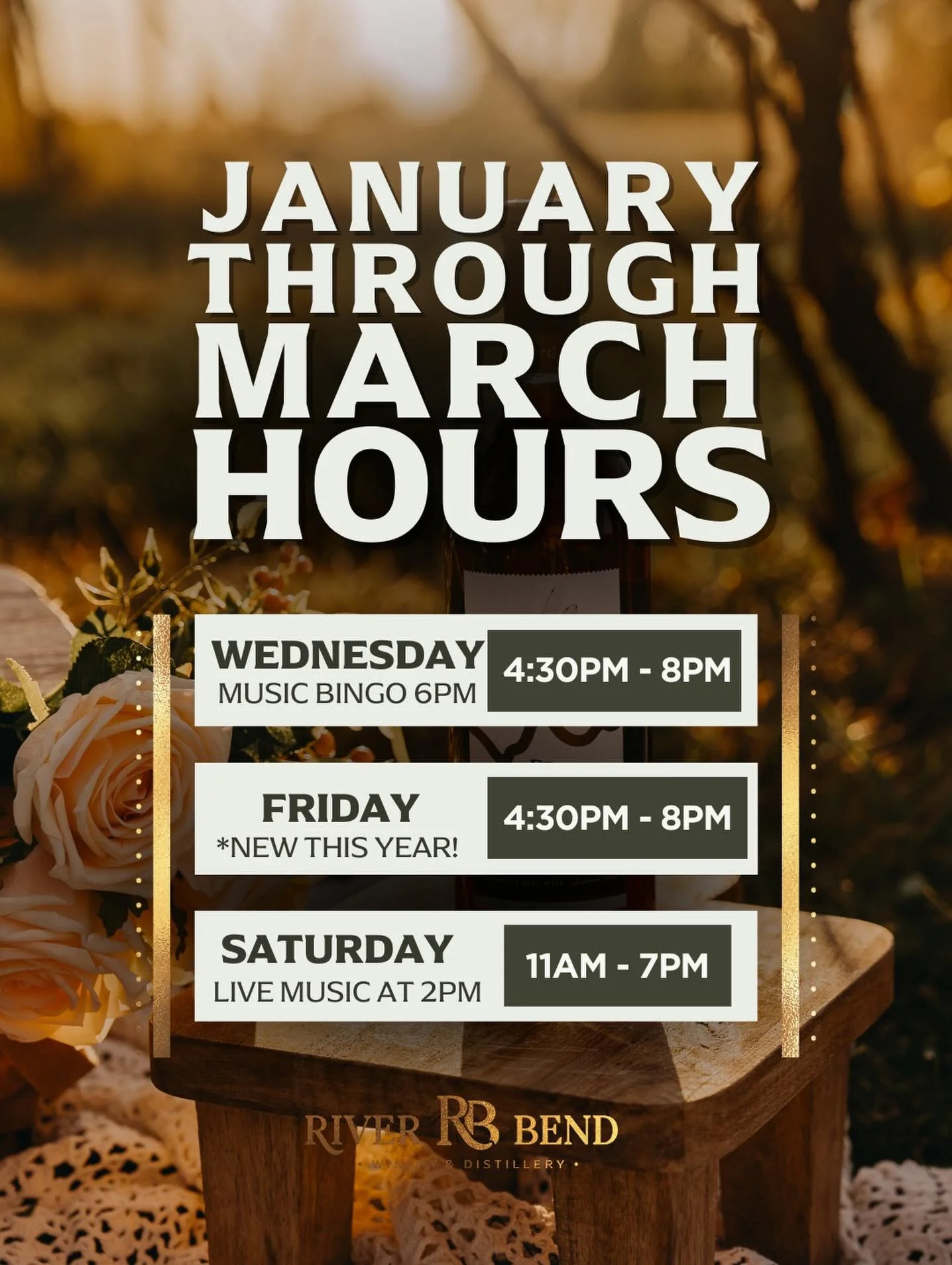 Our January through March WINTER HOURS are here ❄️🍷 We&rsquo;ve got some great fun planned for the first few months of 2026. Think wine releases and spirit releases along with Old Fashioned Fest and Martini Madness making a return.

January through 