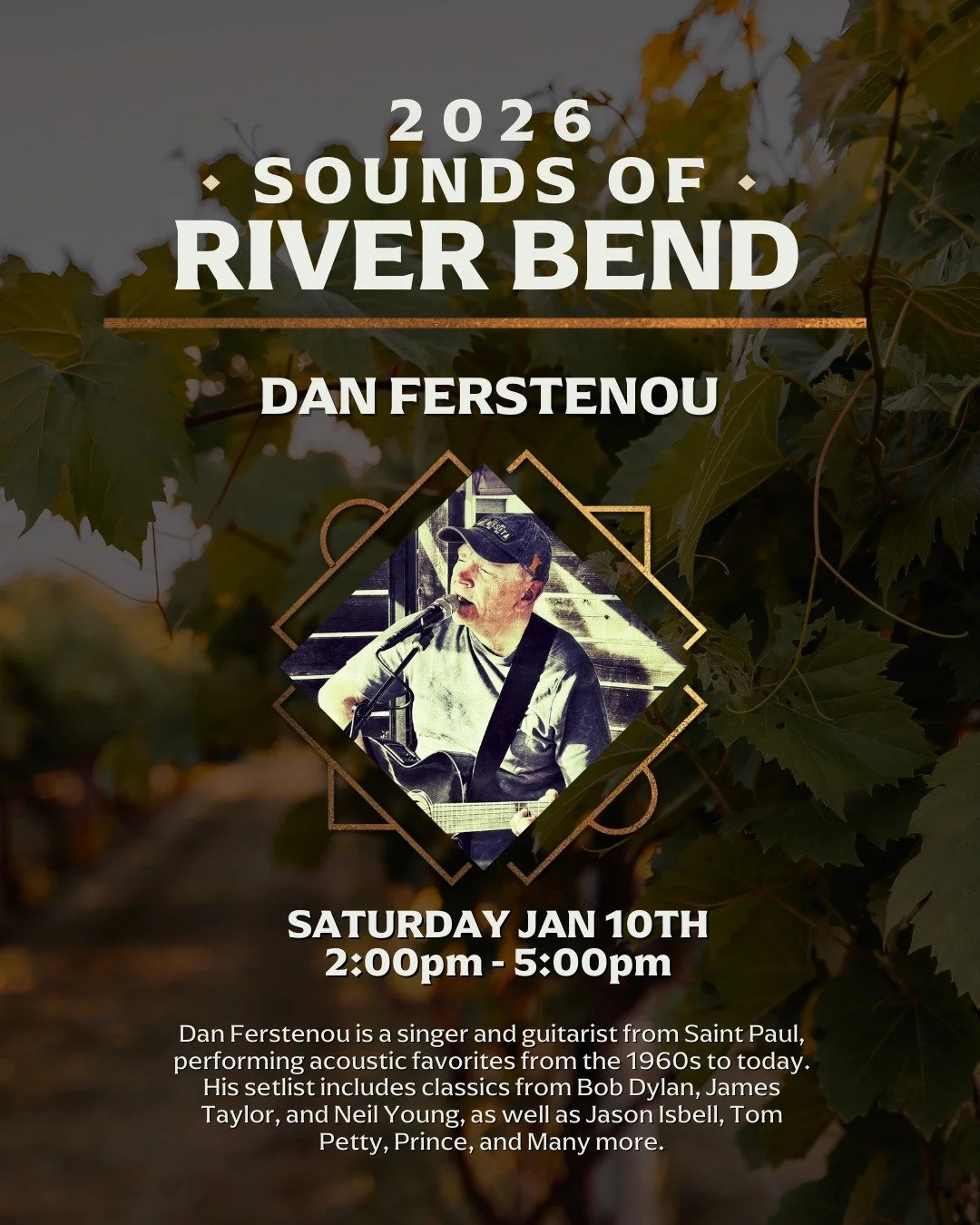 Saturday plans, solved! 🎶🍷 Spend your afternoon at River Bend with live music from Dan Ferstenou. Settle in, sip something you love, and enjoy a fun winter afternoon at the winery.