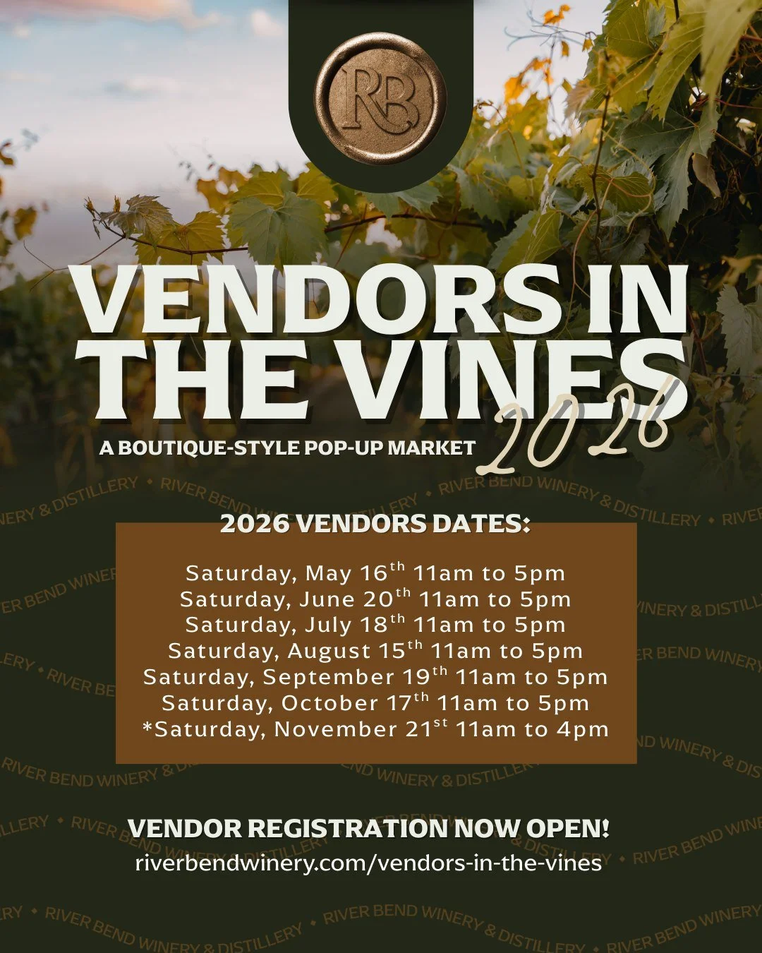 2026 Vendors in the Vines is now open for vendor registration! A boutique-style pop-up market set in the vines with live music, handcrafted wine and cocktails, and a River Bend community that loves supporting local.

Are you a maker, artist or local 