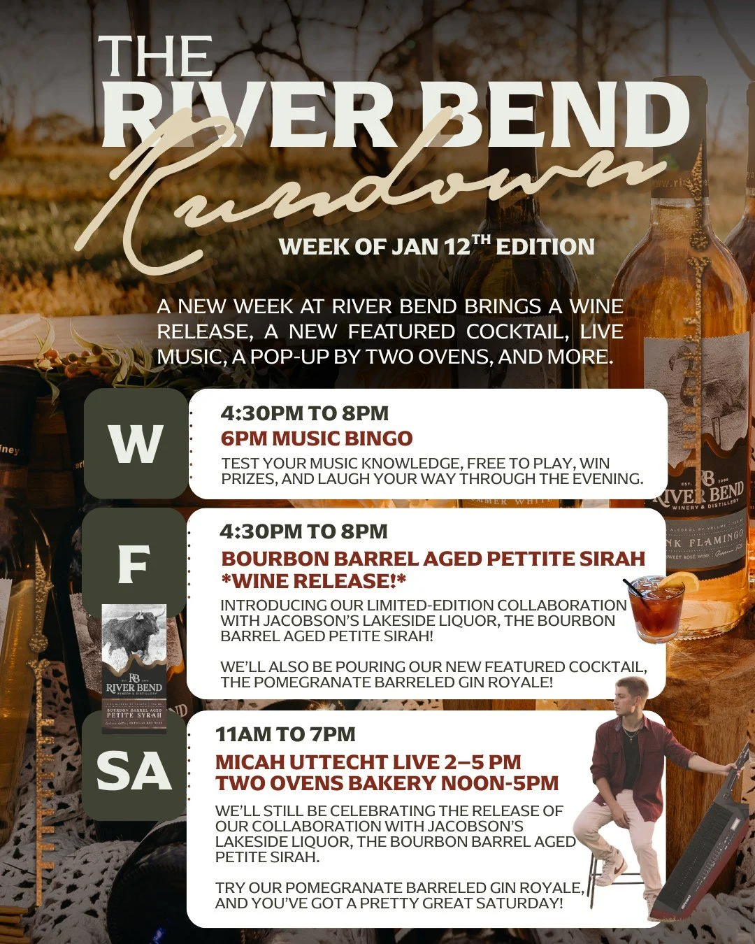 We&rsquo;ve got a full week ahead at River Bend, so we&rsquo;re sharing a River Bend Rundown to help you plan!

This week brings a collaboration wine release with @jacobsons.market and Jacobson's Lakeside Liquor (hello, Bourbon Barrel Aged Petite Sir